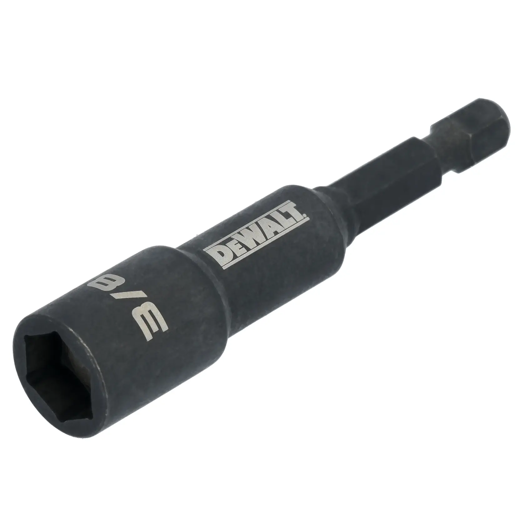 A DEWALT branded 3/8-inch hex socket drill bit adapter made of dark metal, designed for use with power drills.
