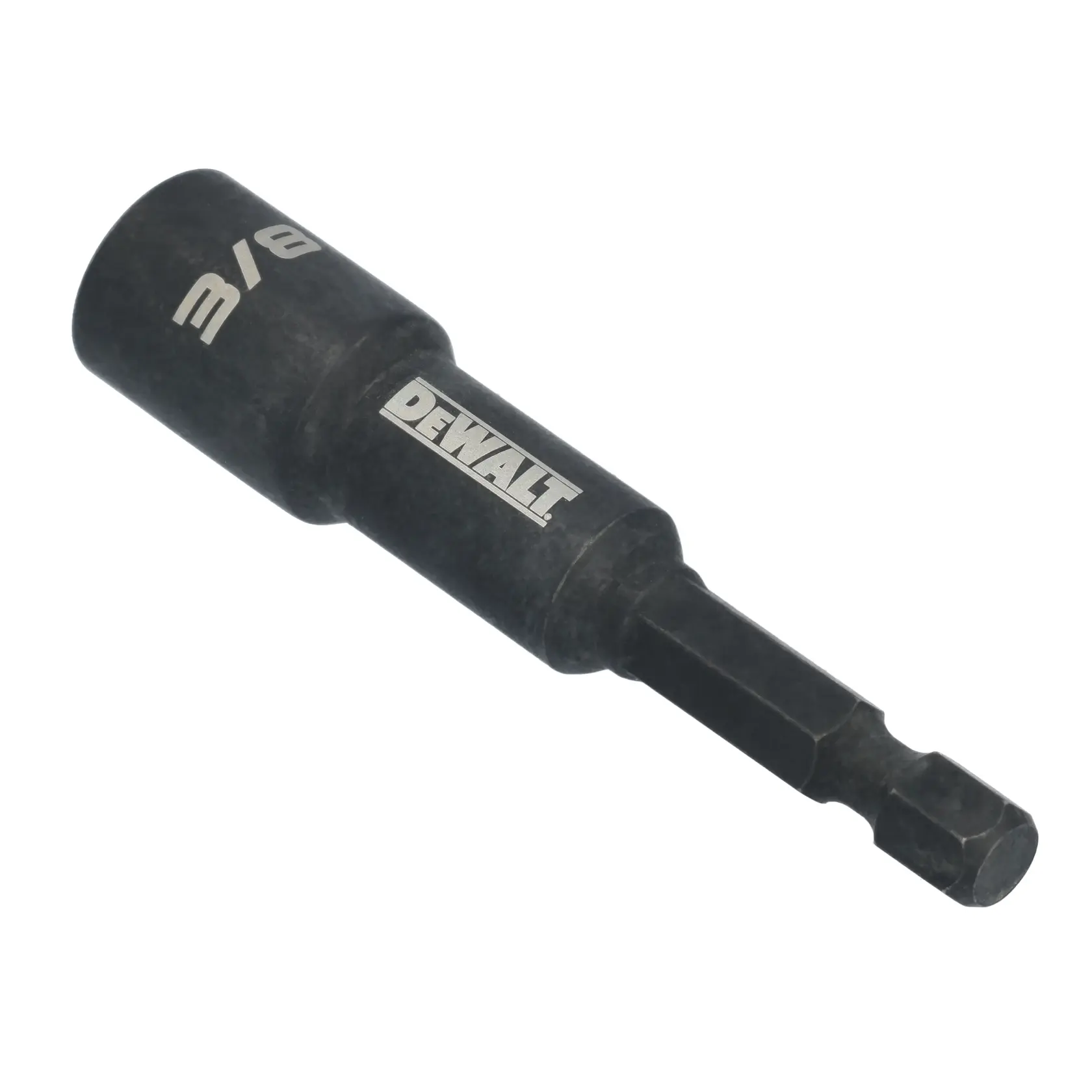 A DEWALT branded 3/8 inch magnetic nut driver with a hex shank, designed for use with power tools.
