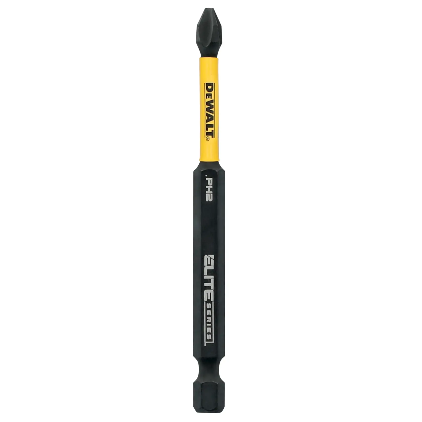 A DEWALT Elite Series PH2 screwdriver bit with a yellow and black shaft, designed for use with power tools.