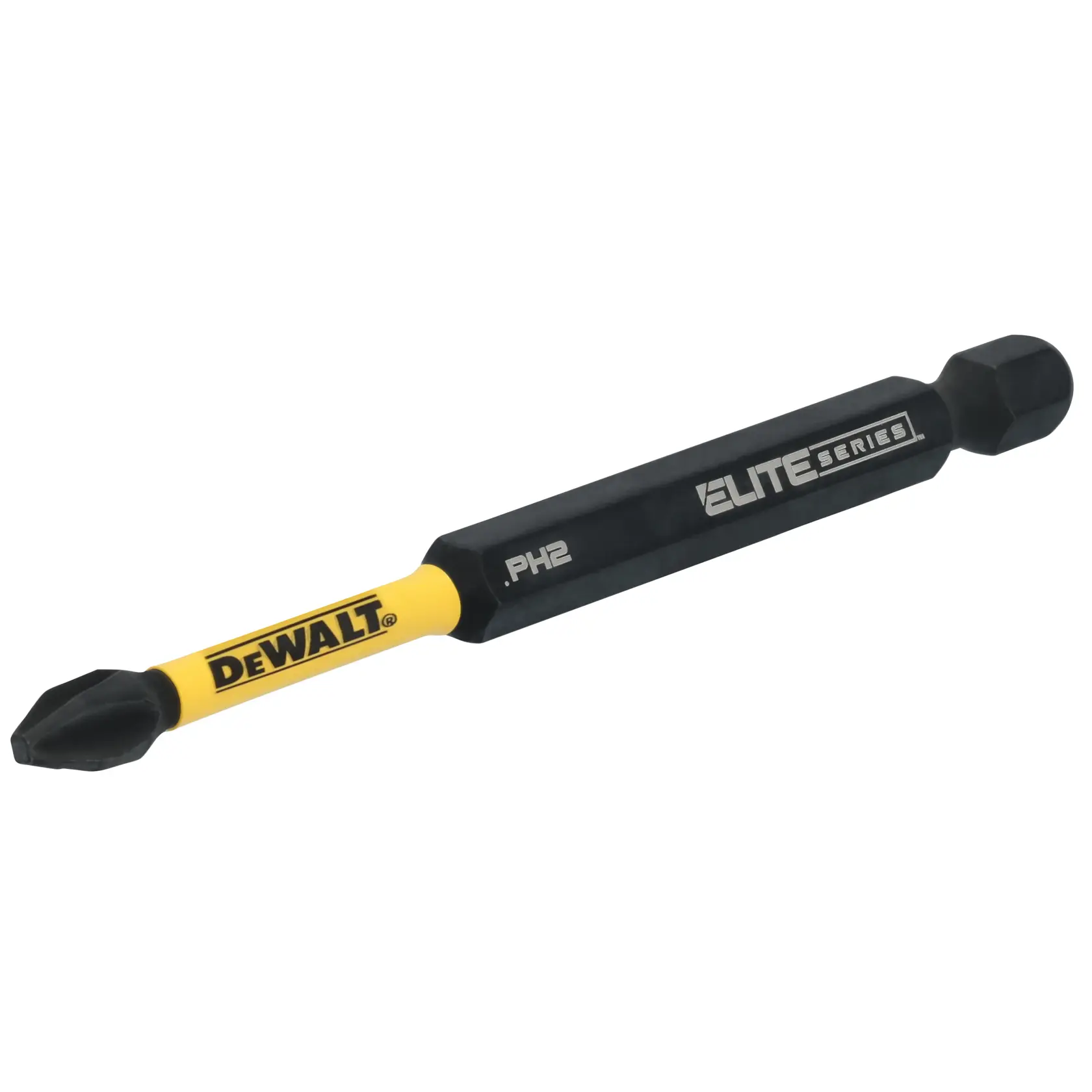 A DEWALT Elite Series PH2 screwdriver bit with a yellow shank and black tips, designed for use with power tools.