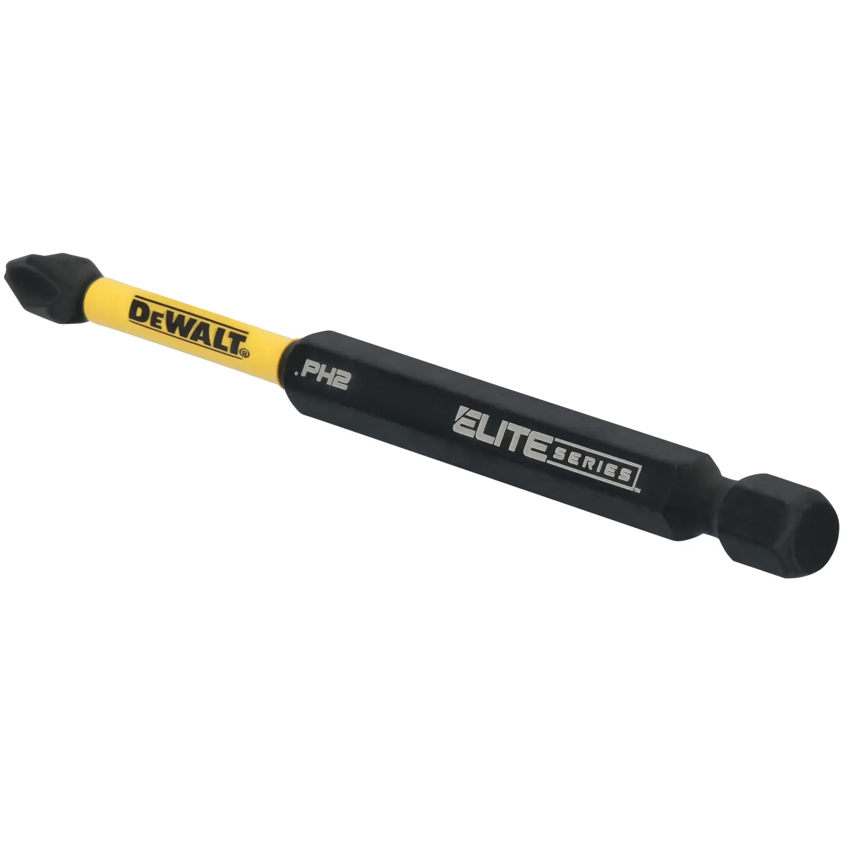 A DEWALT Elite Series PH2 screwdriver bit with a black and yellow design, featuring hex ends and text branding along the shaft.