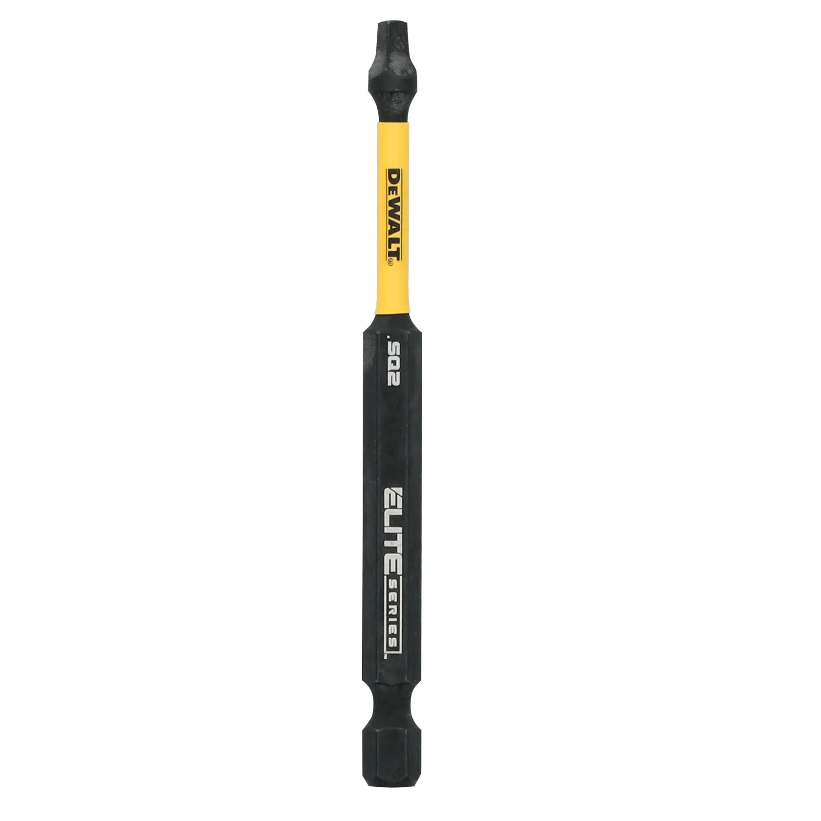 A DEWALT Elite Series SQ2 screwdriver bit with a yellow shaft and black ends, designed for use with power tools.