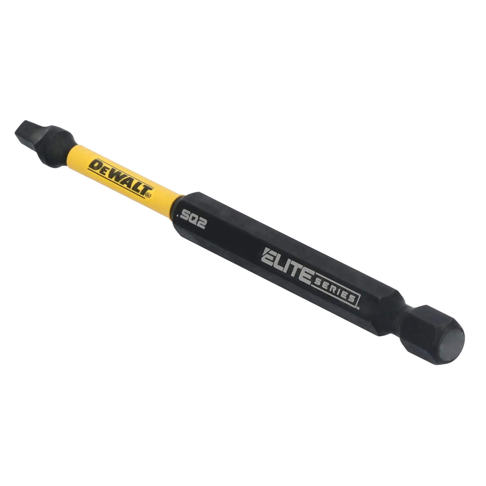 A DEWALT Elite Series screwdriver bit with a yellow shaft and black tips, designed for use with power tools.