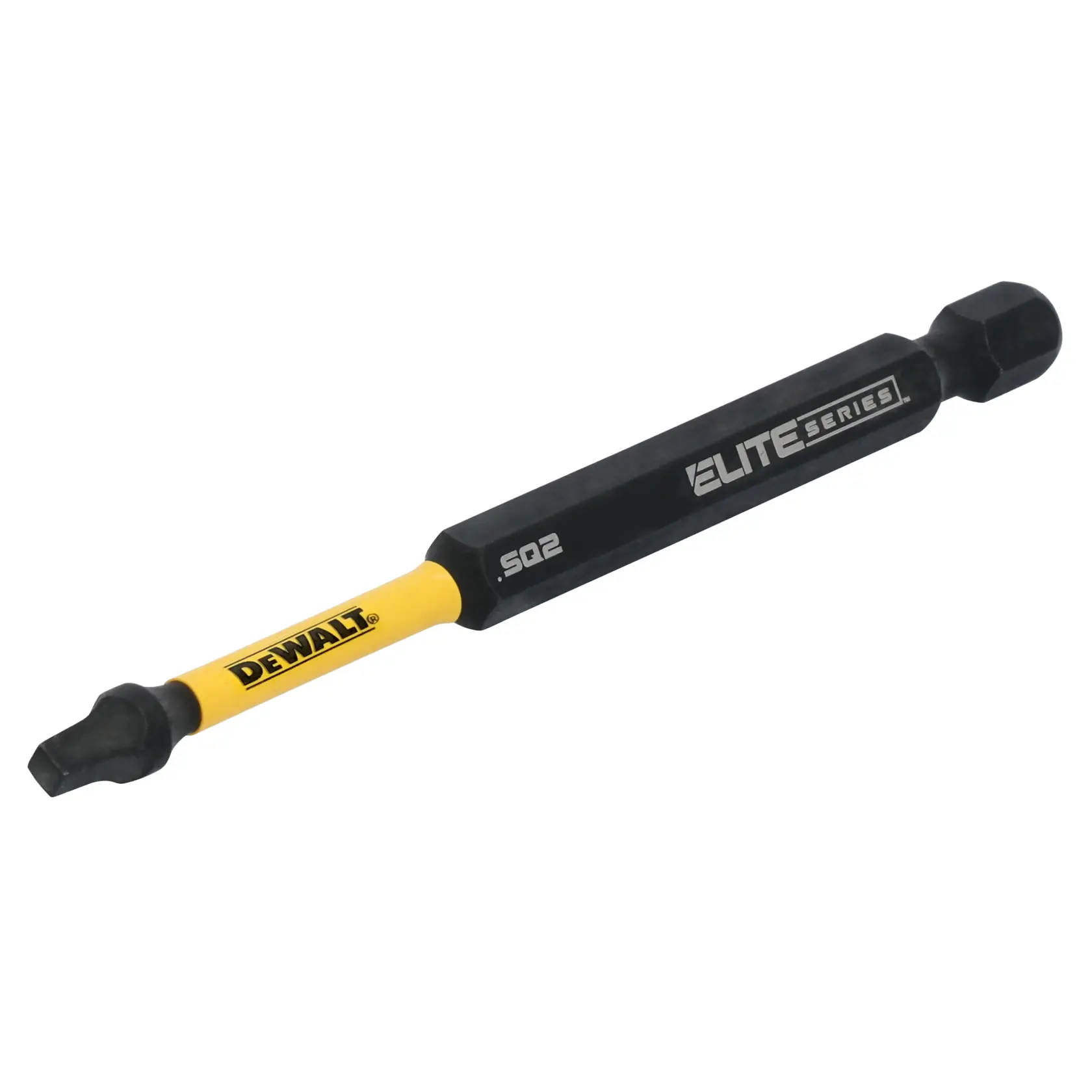 A DEWALT Elite Series screwdriver bit with SQ2 marking, featuring a yellow and black design, intended for use with power tools.