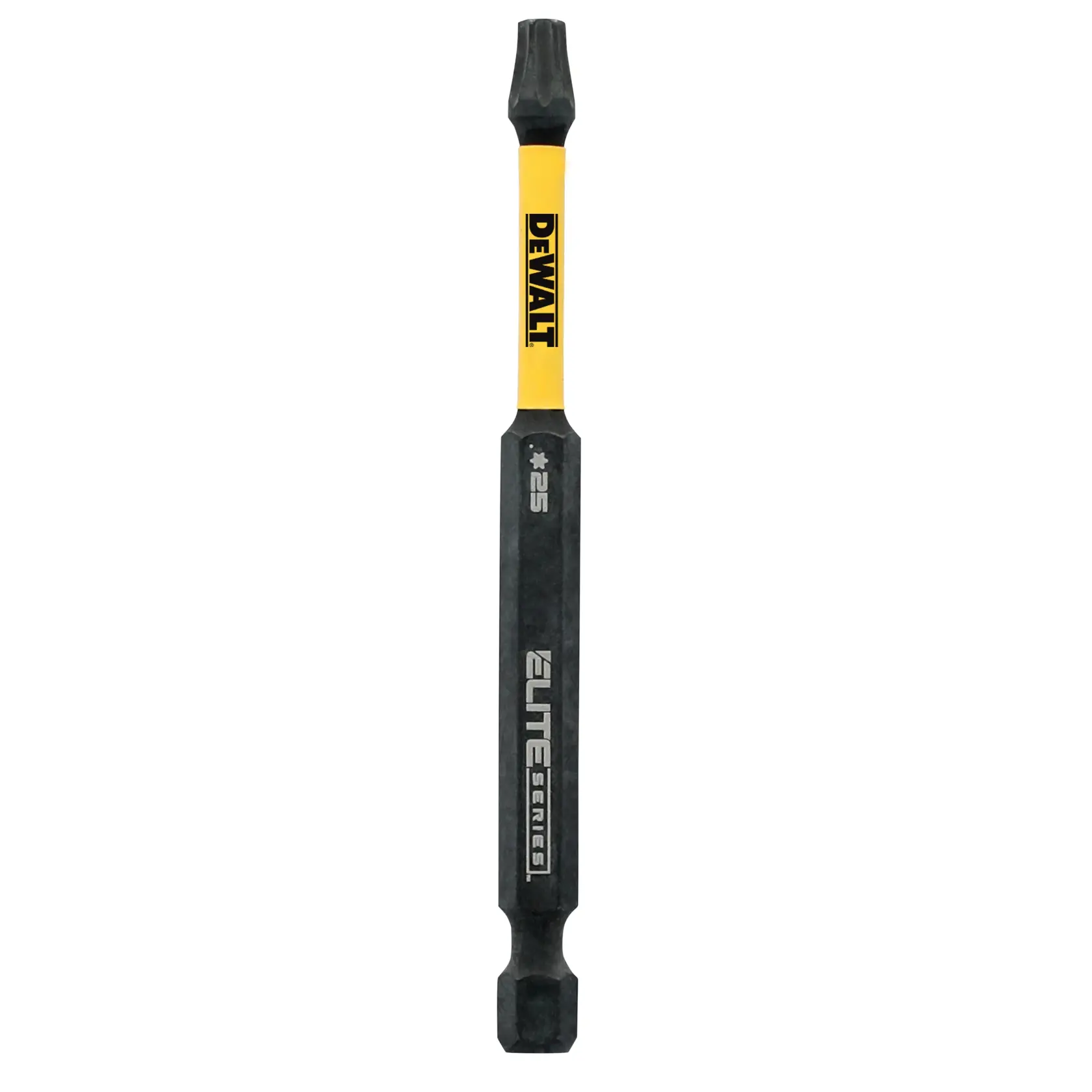 A DEWALT Elite Series screwdriver bit with a yellow and black design, labeled with TX25 for Torx size, featuring branding and product details along the shaft.