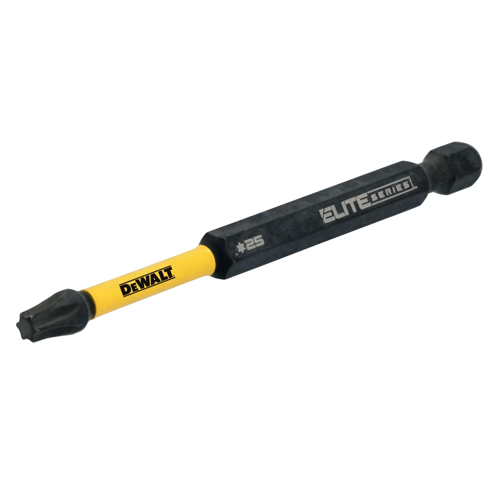 A DEWALT Elite Series screwdriver bit with a yellow shaft, black ends, and product markings including a #25 label. The bit is designed for use with compatible power tools.