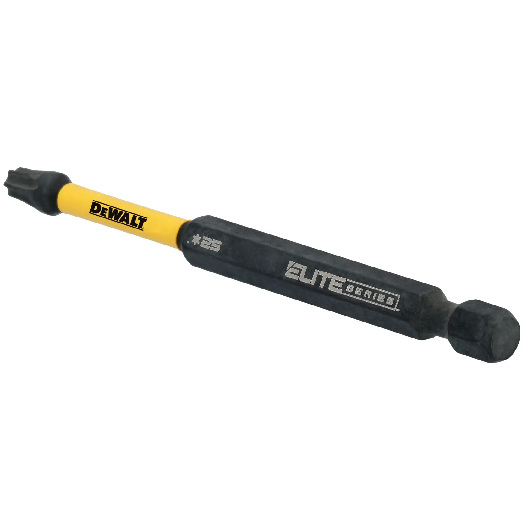 A DEWALT Elite Series Torx screwdriver bit, model number DWAFE3TX25IR, featuring a yellow and black design with the Torx 25 marking, used for fastening tasks.