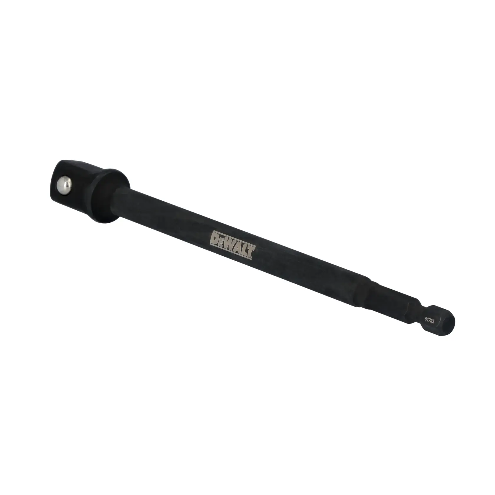 A DEWALT branded socket adapter extension made of black metal, designed for connecting power tools to sockets.