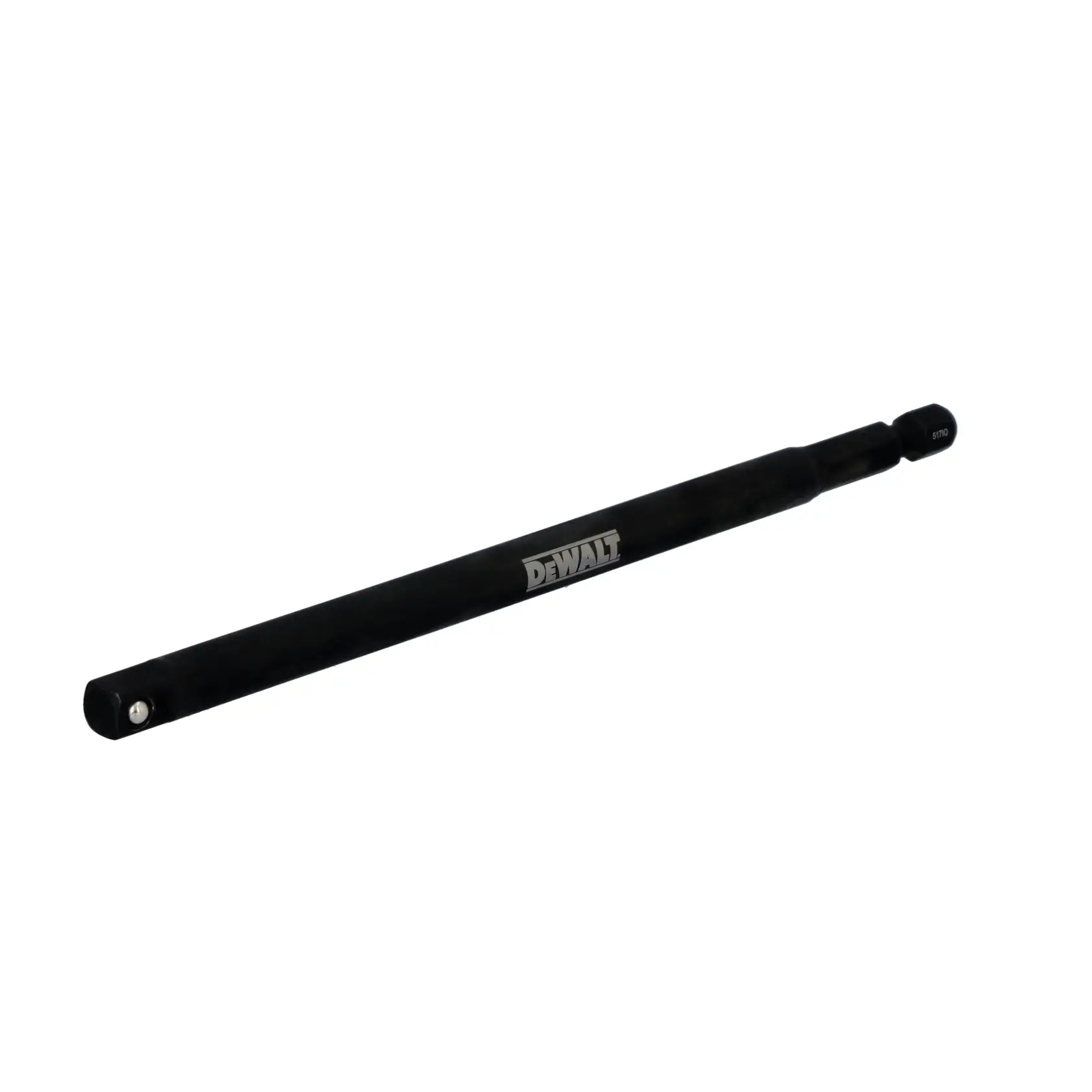 A DEWALT branded black extension adapter tool rod, designed for use with power tools, shown against a white background.