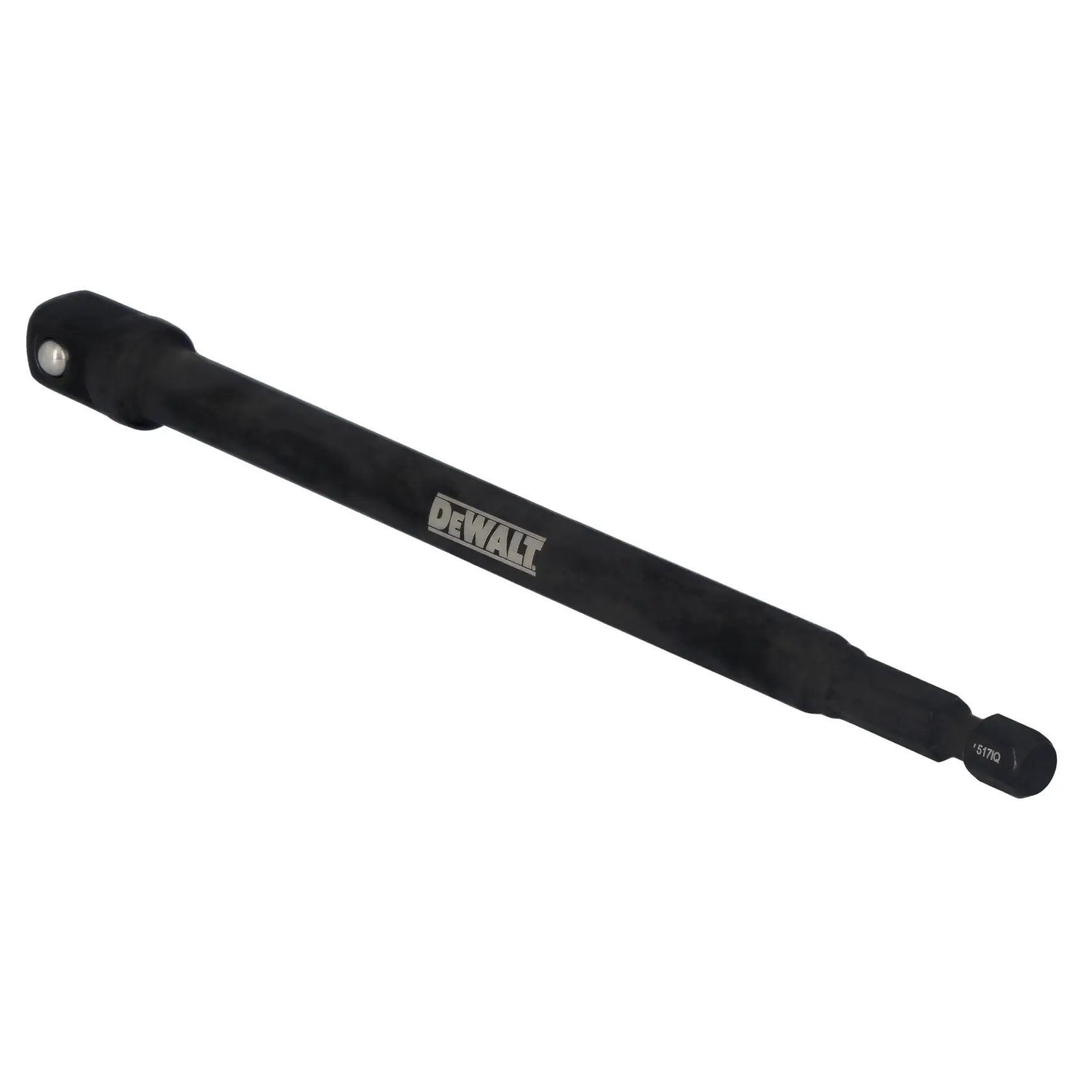 A DEWALT branded black drill bit extension adapter, designed for connecting drill bits to power tools.