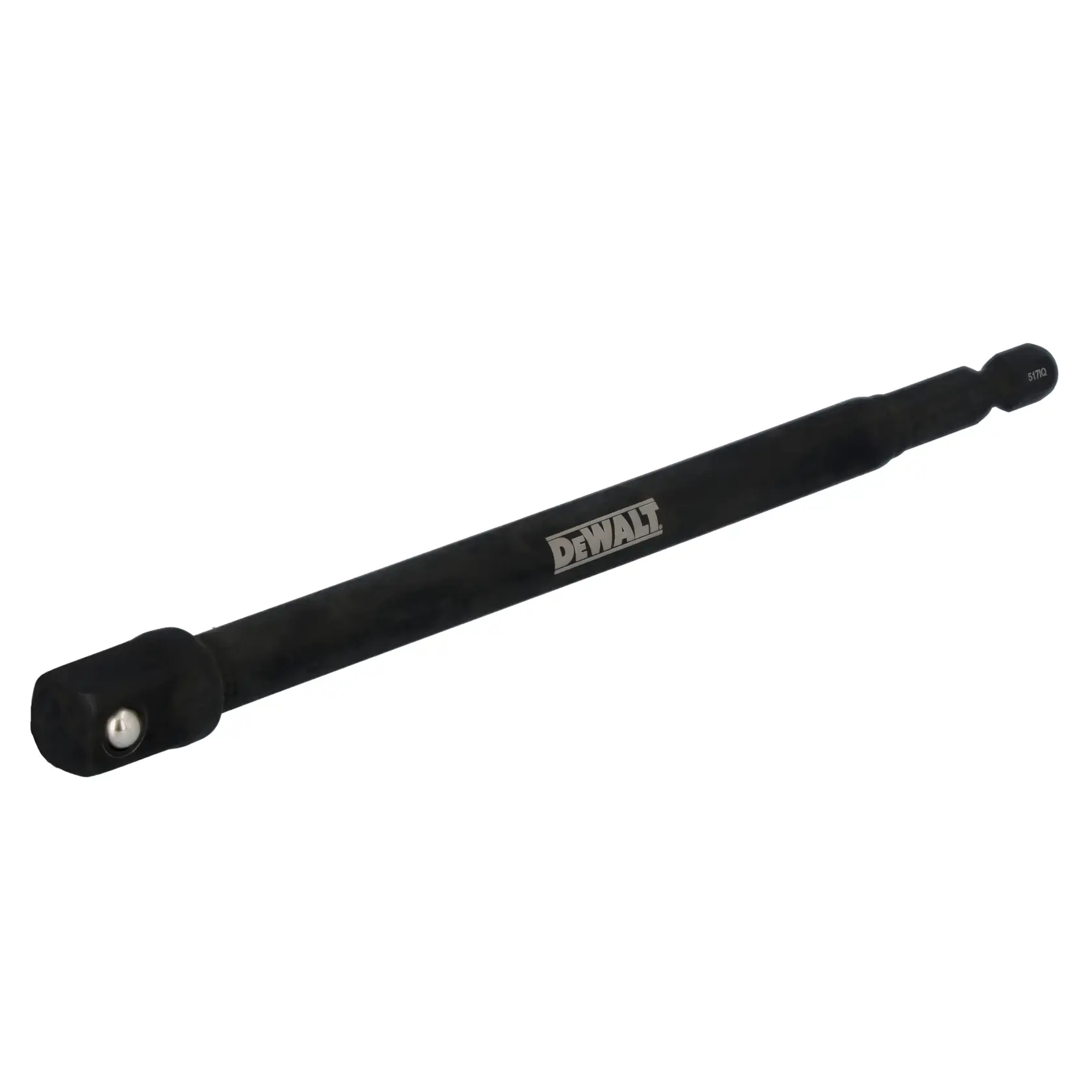 A DEWALT branded black metal socket adapter extension bar, used for extending reach with power tools and socket wrenches.