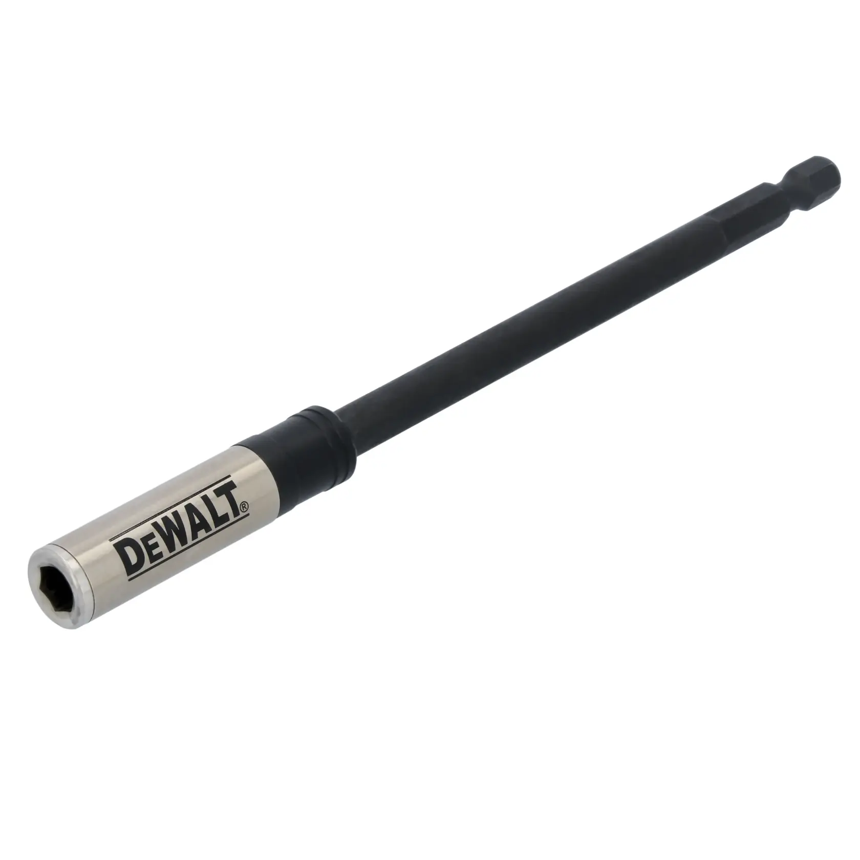 A DEWALT branded magnetic bit holder extension, designed for use with power tools to hold screwdriver bits securely. The extension features a hex shank and a metal sleeve with the DEWALT logo.