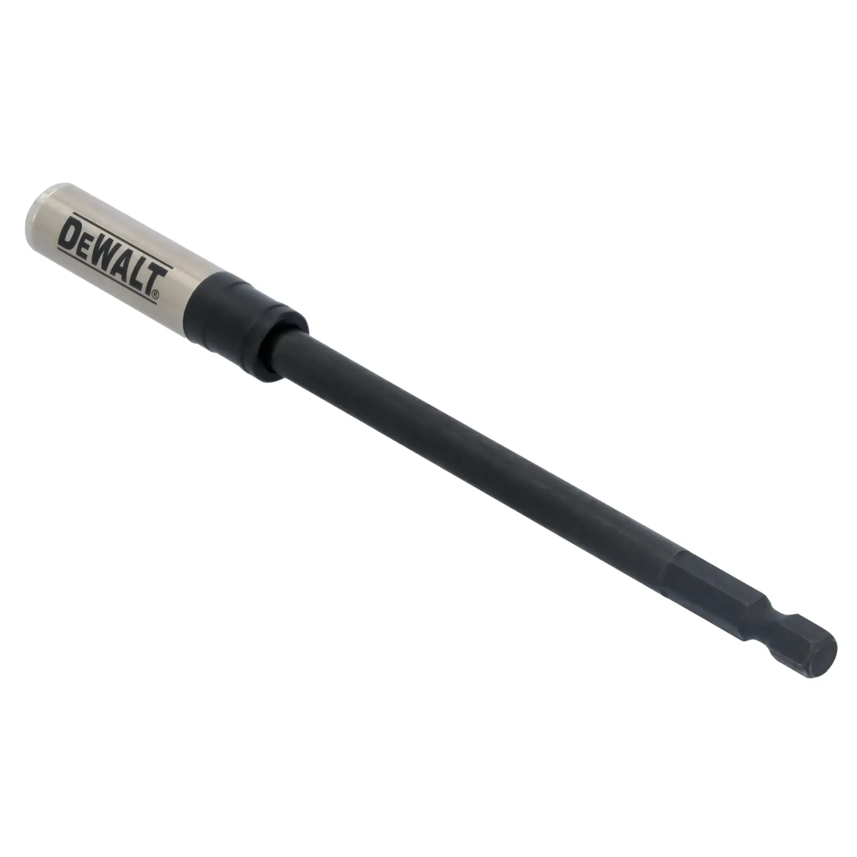 A DEWALT branded magnetic bit holder attachment, used to hold screwdriver bits in power tools. The tool has a metallic cylindrical section with the DEWALT logo and a long black shaft with a hex shank.