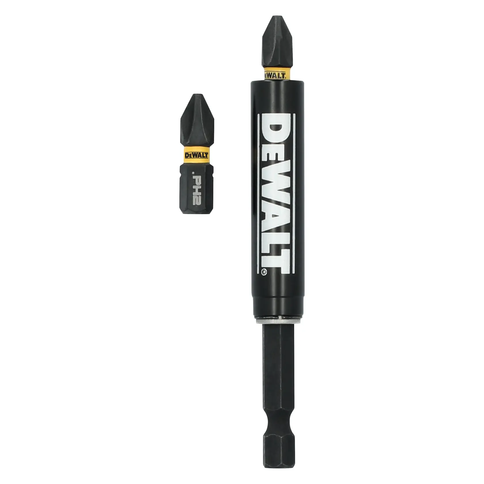 A DEWALT branded screwdriver bit holder with a black and yellow Phillips screwdriver bit inserted, and an additional Phillips screwdriver bit placed separately beside it.