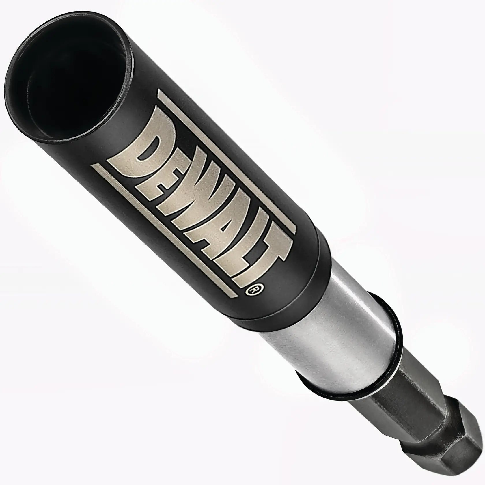 Close-up of a DEWALT branded screwdriver bit holder attachment, designed for use with power drills or drivers. The tool is metallic with a black outer casing displaying the DEWALT logo.