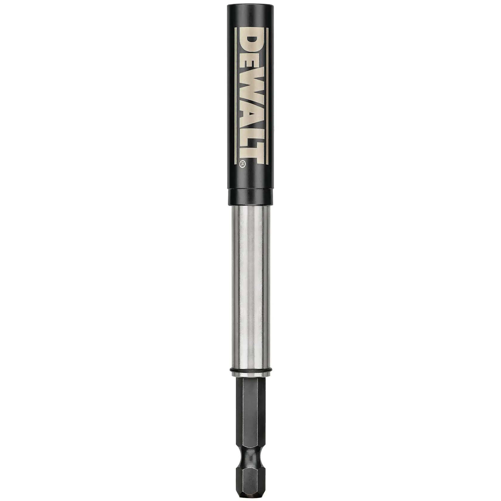 A DEWALT branded drill bit holder with a metal shaft and black top, designed for holding screwdriver bits.