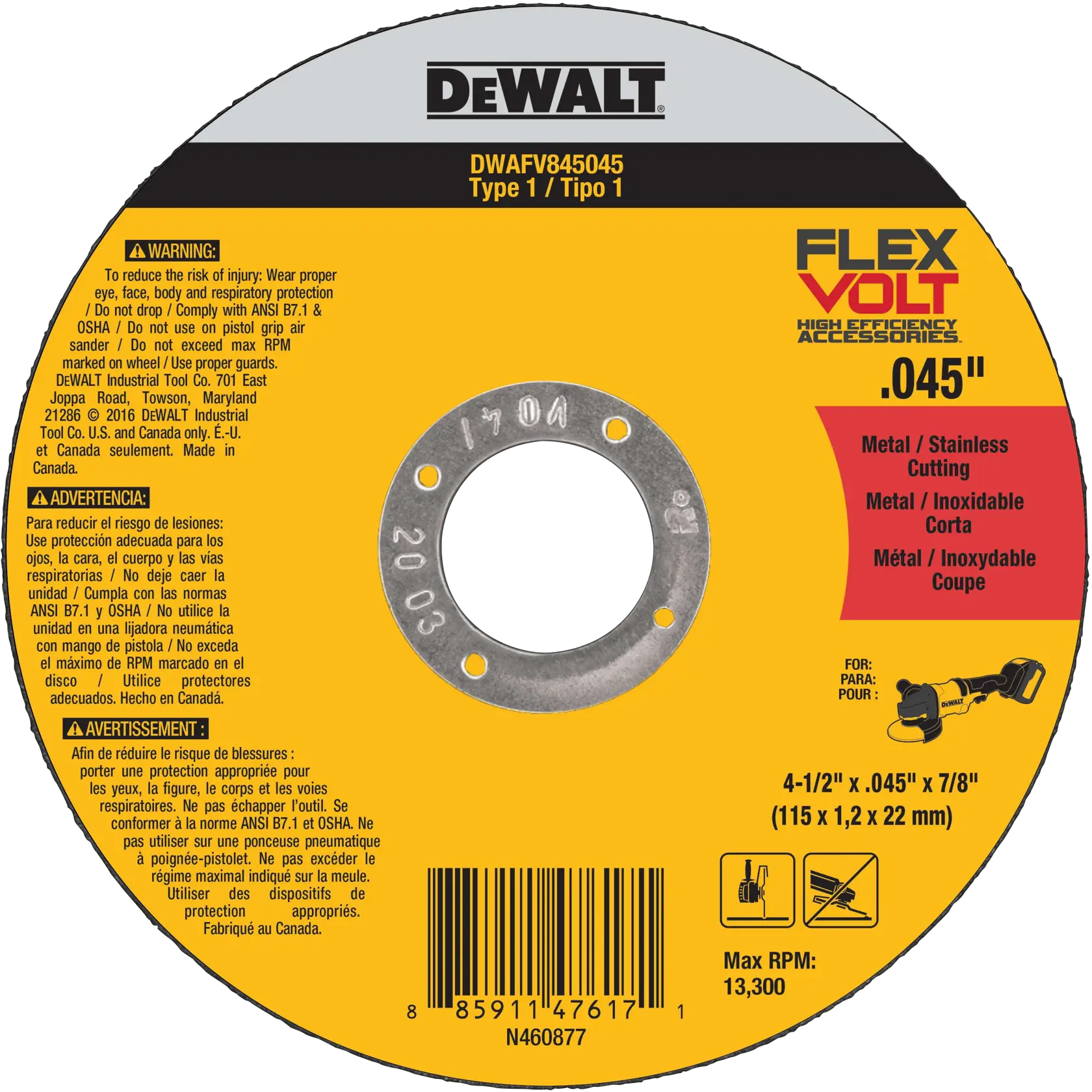 DEWALT® FLEXVOLT® 4-1/2-in. x .045-in. x 7/8-in. T1 Cutting Wheel for Metal & Stainless