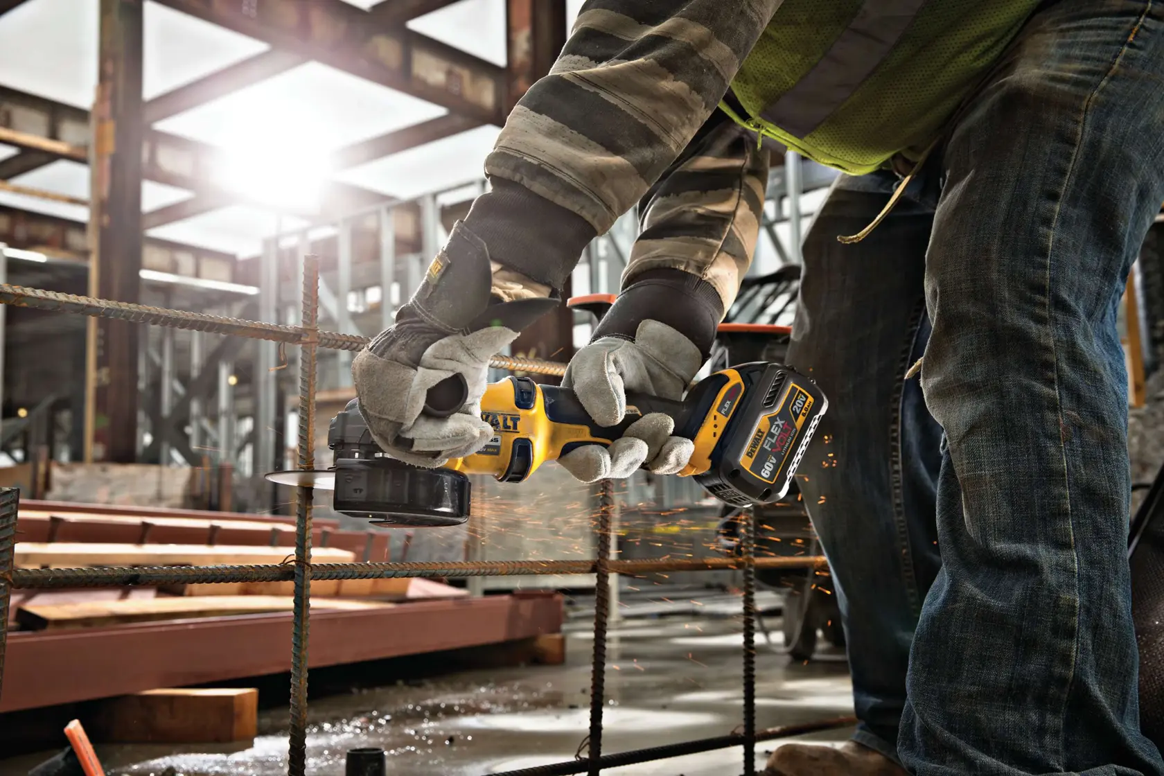 FLEXVOLT METAL CUTTING WHEELS TYPE 1 being used to cut through steel frame at construction site.