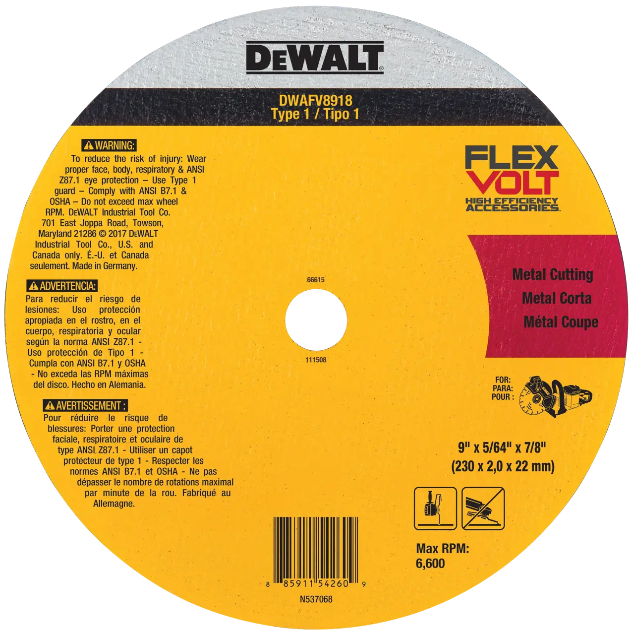 DEWALT® FLEXVOLT 9-in. (230mm) Ceramic Metal Cut-Off Wheel