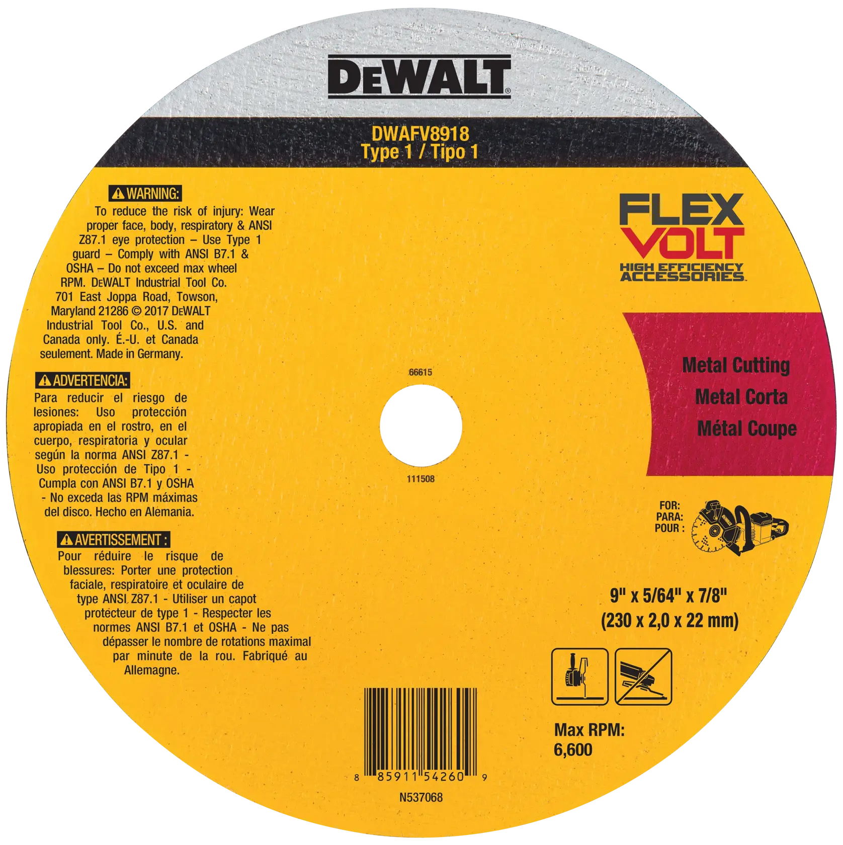 DEWALT® FLEXVOLT 9-in. (230mm) Ceramic Metal Cut-Off Wheel