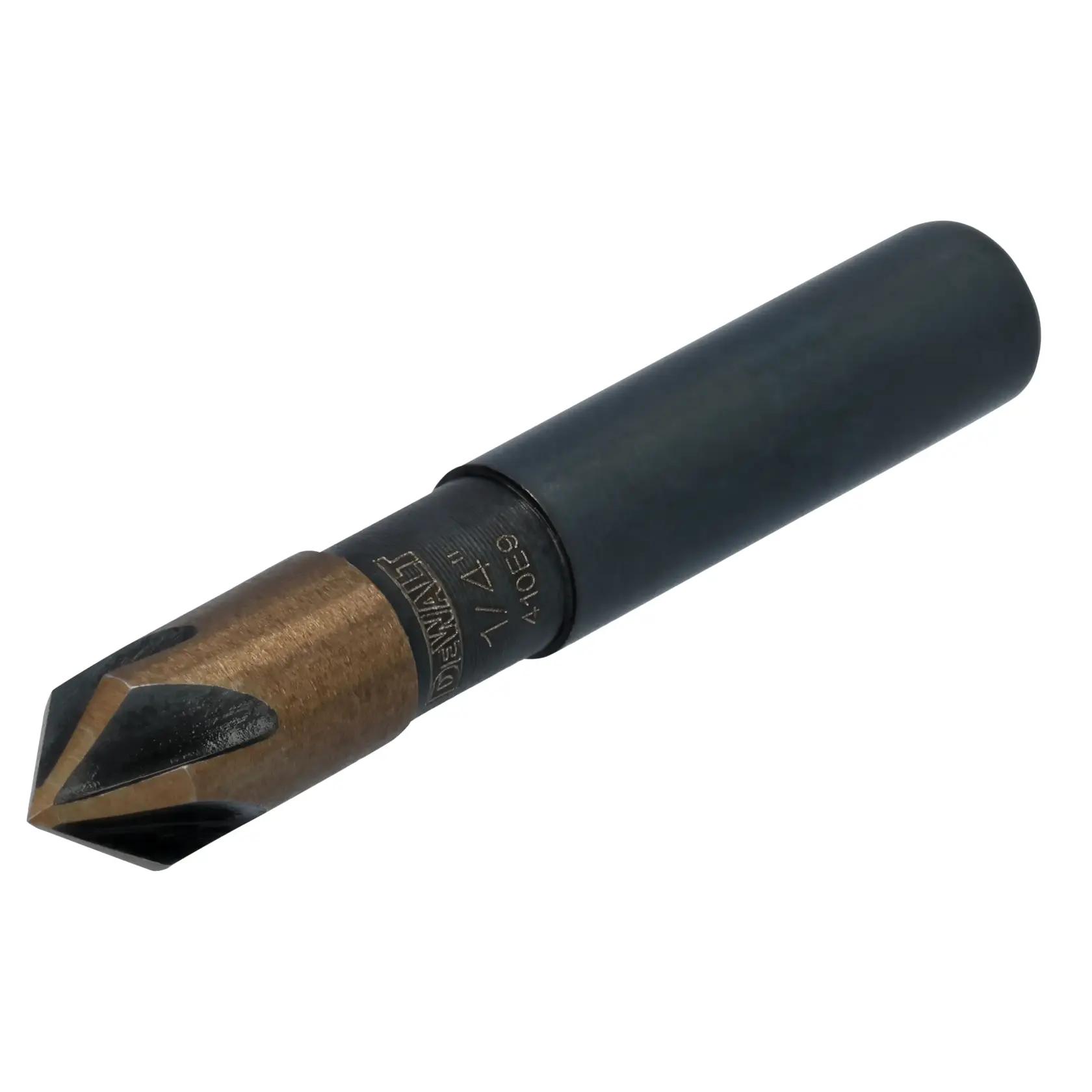 A DEWALT metal countersink drill bit with a black and bronze finish. The bit is designed for creating countersunk holes in metal surfaces.