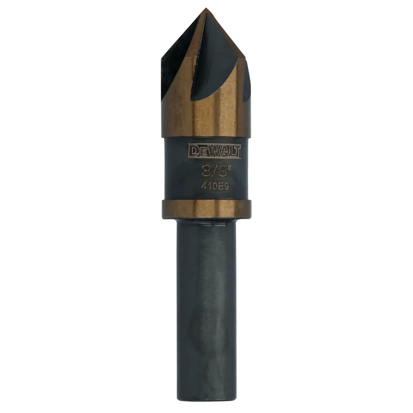 A close-up image of a DEWALT branded 3/8 inch metal countersink drill bit with a black and gold finish, designed for woodworking or metalworking.