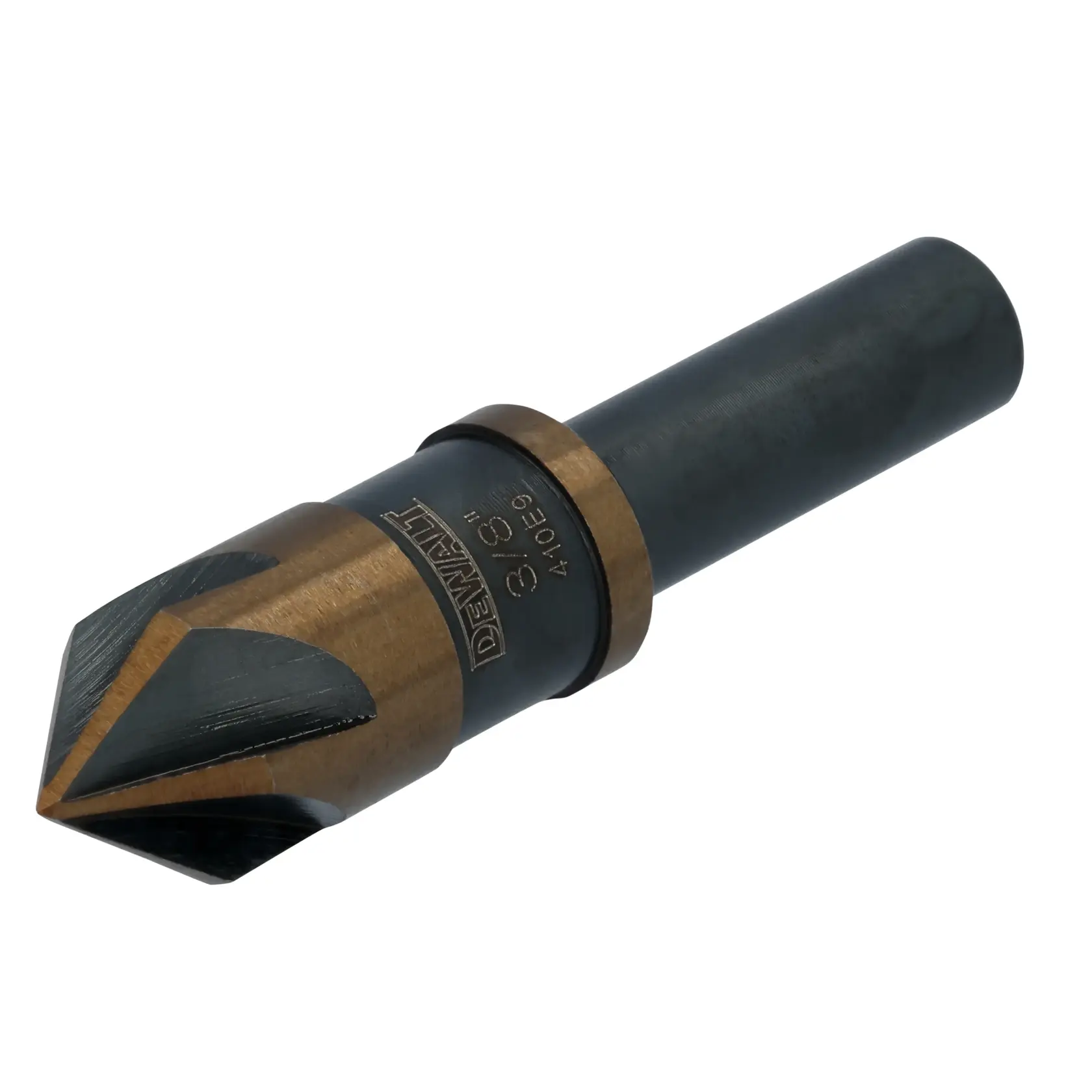 A DEWALT branded metal countersink drill bit with a black and gold finish, designed for creating conical holes in materials.