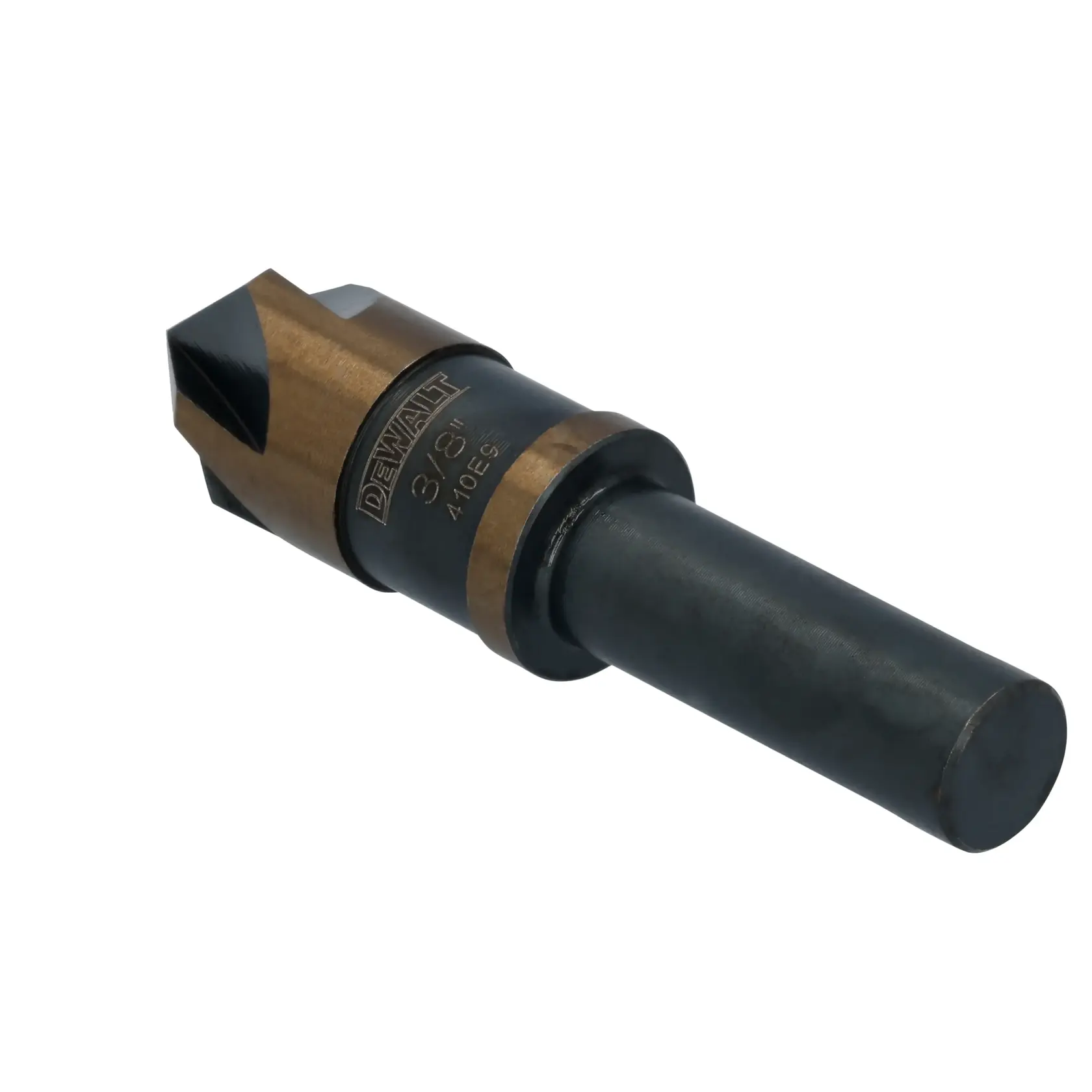 A close-up image of a DEWALT 3/8 inch drill bit with a black and gold finish, designed for metal drilling applications.