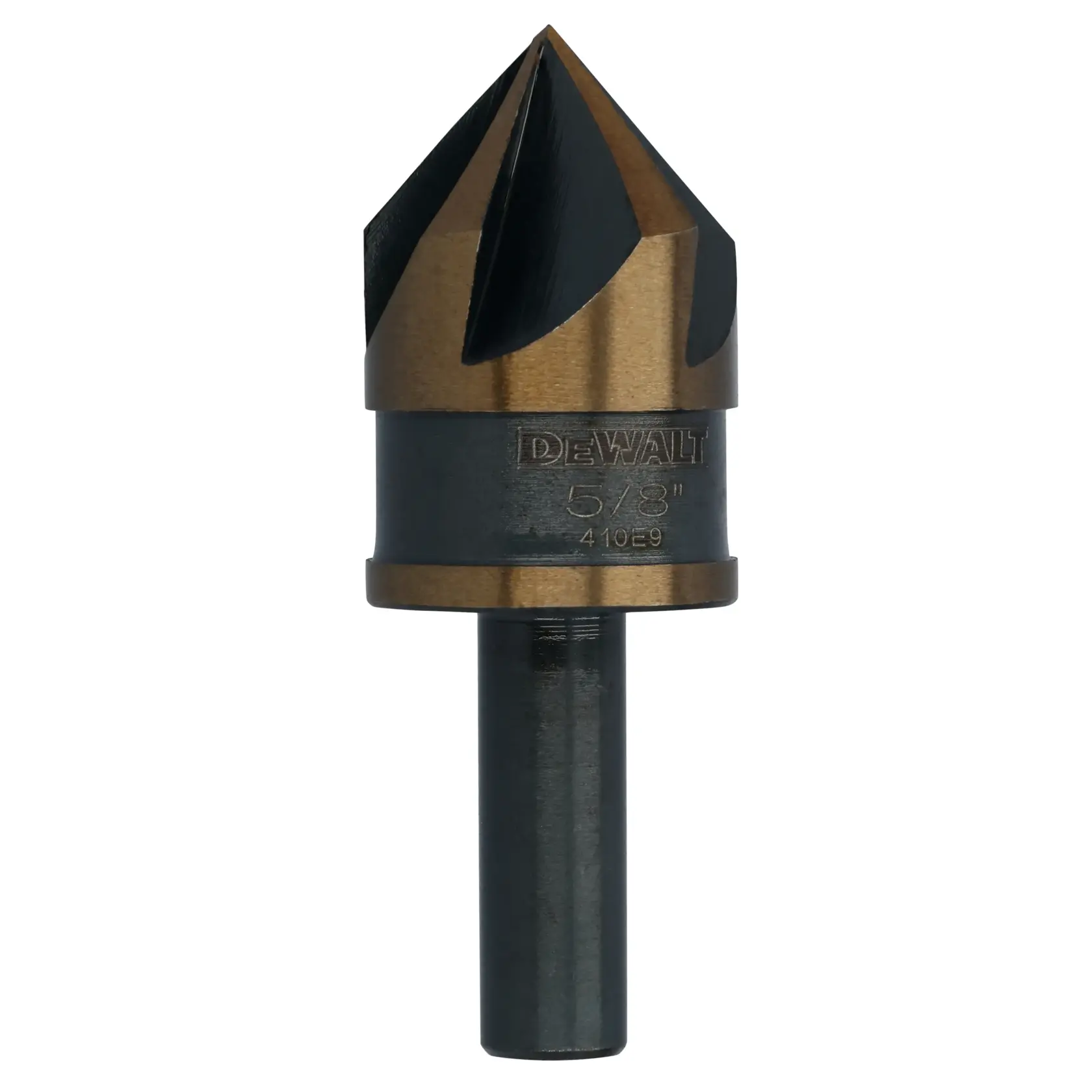 A DEWALT branded metal countersink drill bit with a black and gold finish. The bit is labeled with the size 5/8 inch and is designed for woodworking or metalworking.