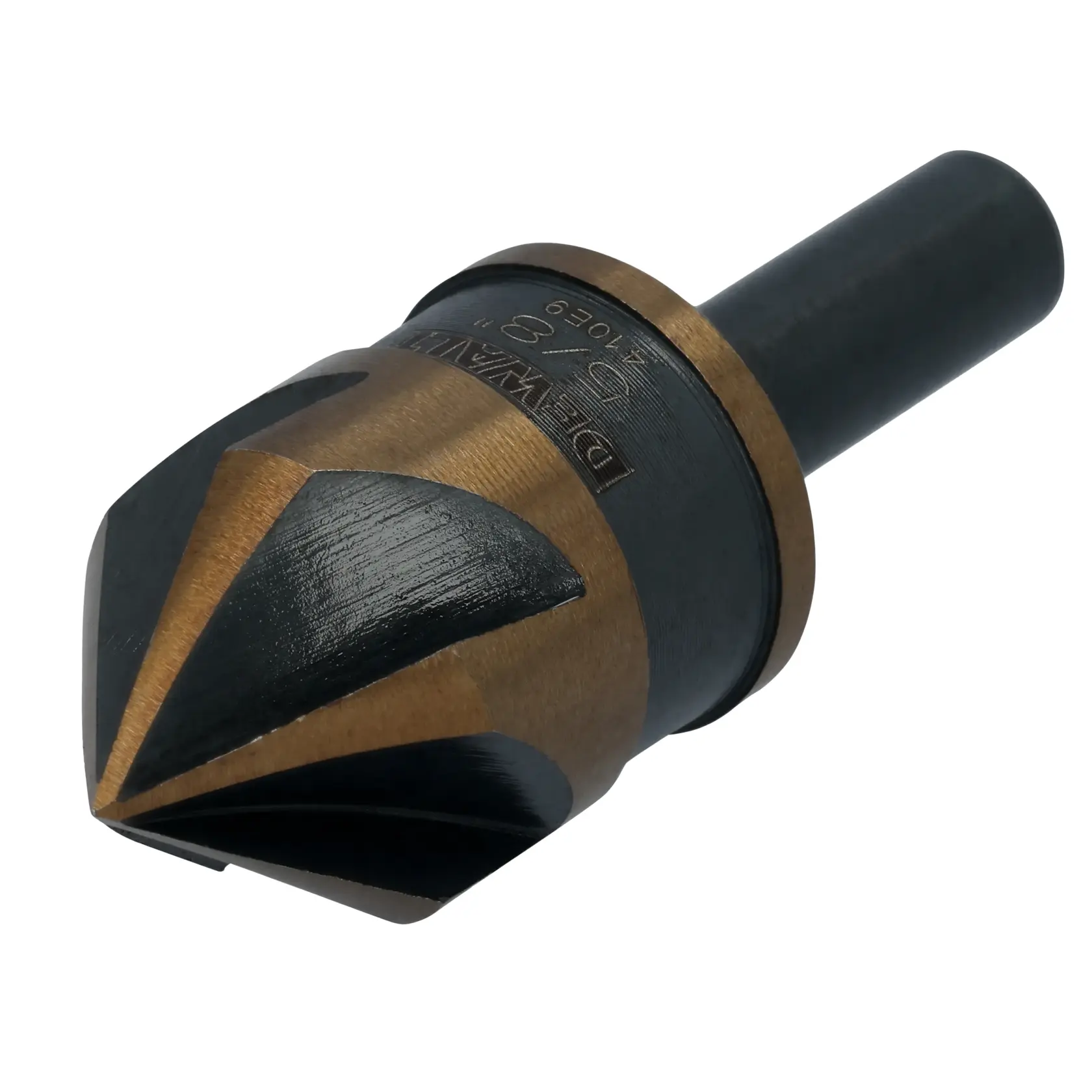 A DEWALT branded industrial countersink drill bit with a black and gold titanium finish designed for metalworking and woodworking applications.