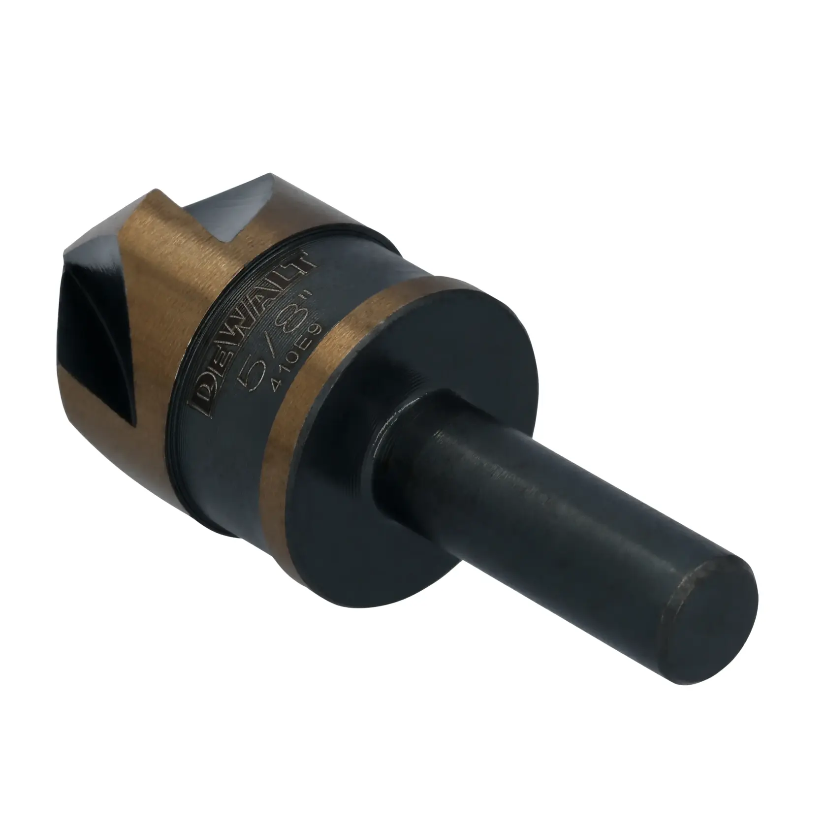 A close-up image of a DEWALT 5/8-inch countersink drill bit with a black and gold finish, designed for creating a conical hole for screw heads in woodworking or metalworking.