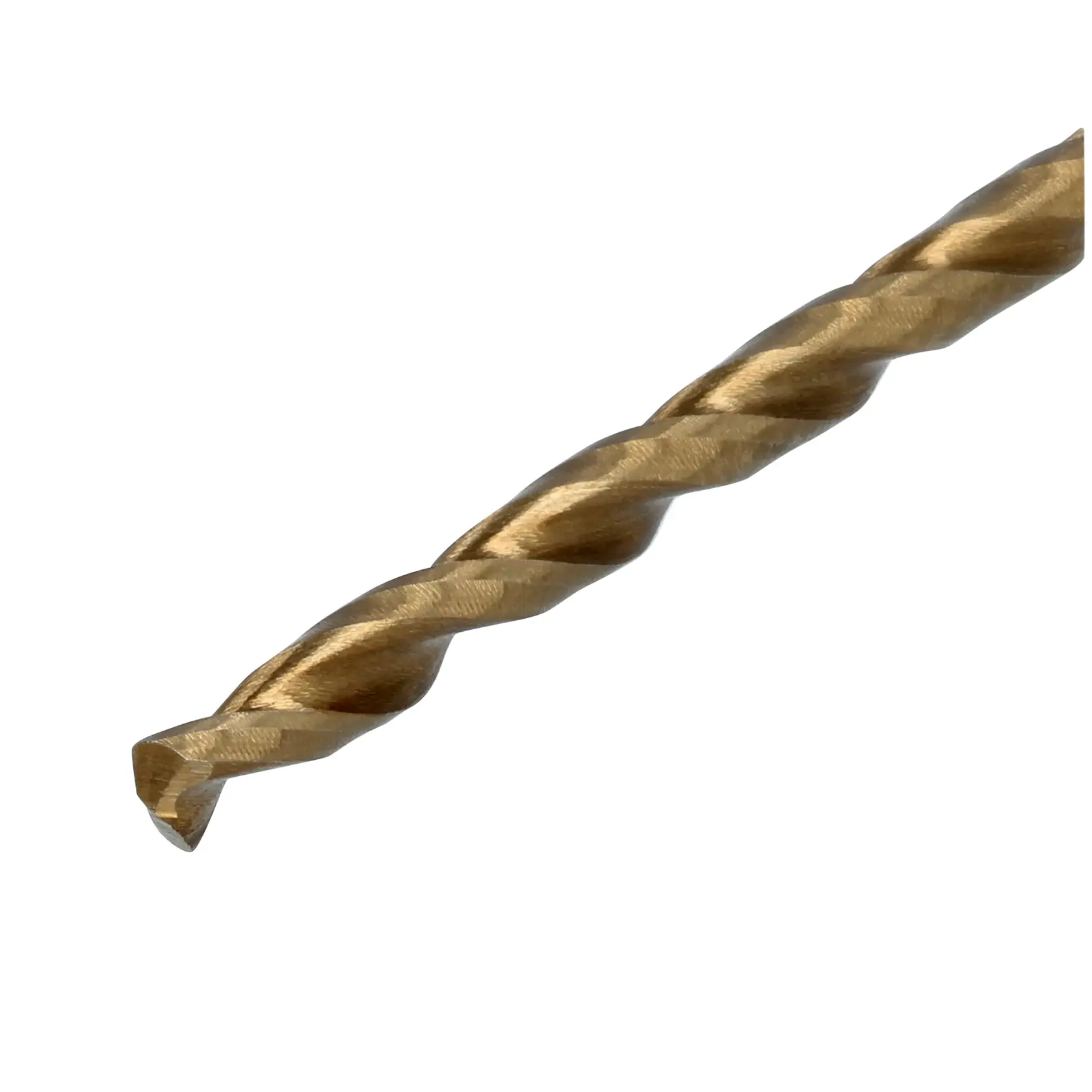 Close-up image of a gold-colored DEWALT drill bit with a twisted design, photographed on a white background.