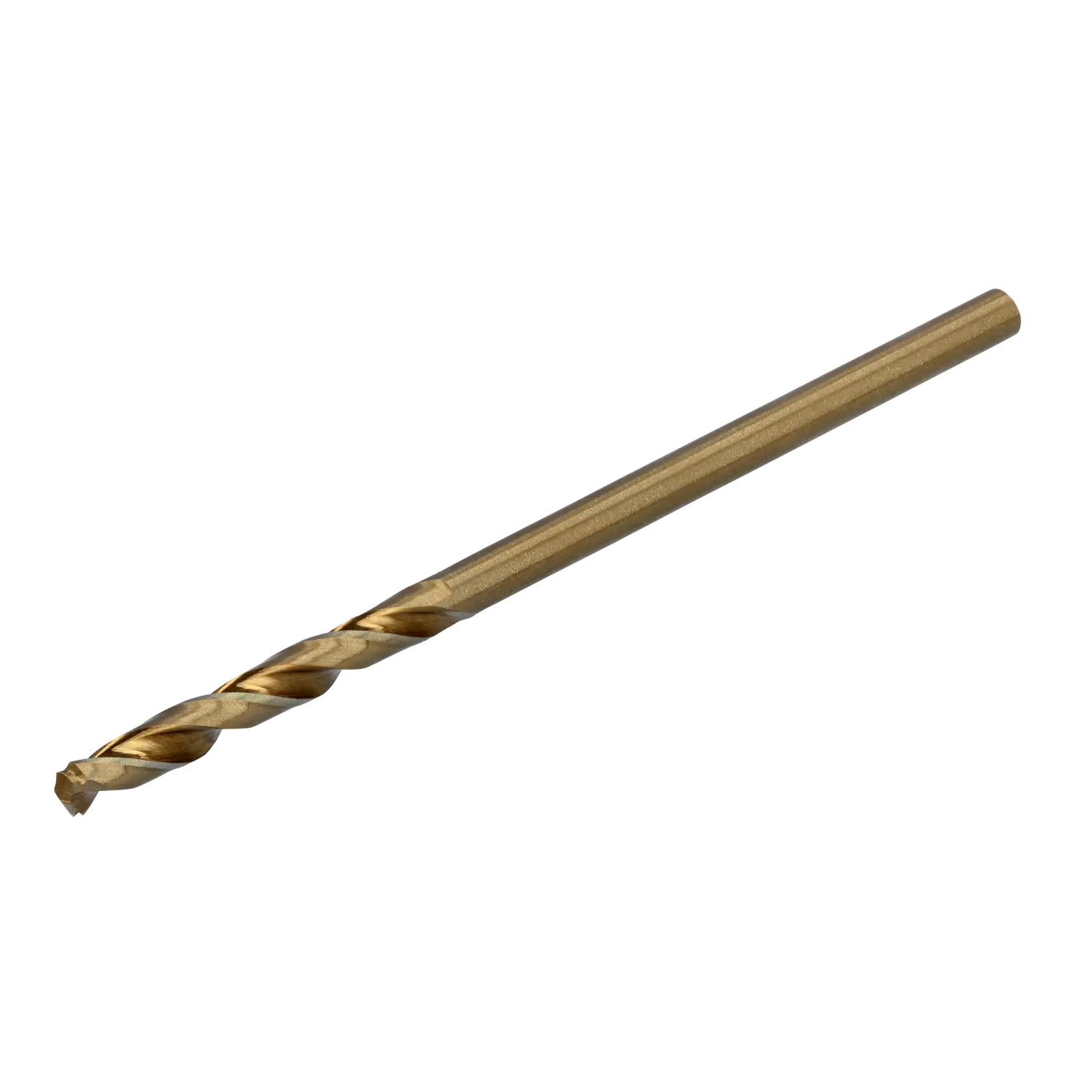 A single gold-colored twist drill bit on a white background.