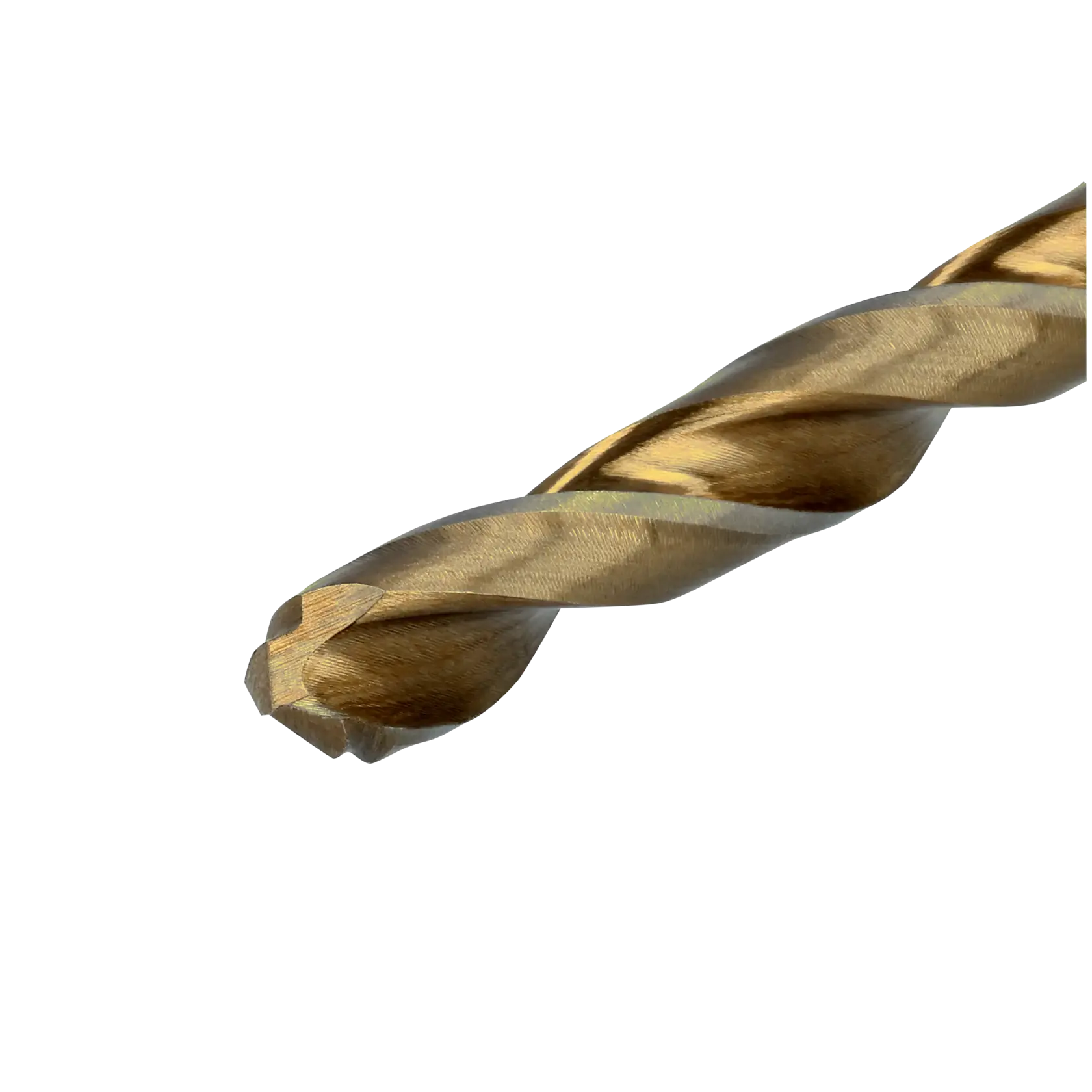 Close-up image of the tip of a gold-colored metal drill bit against a white background.