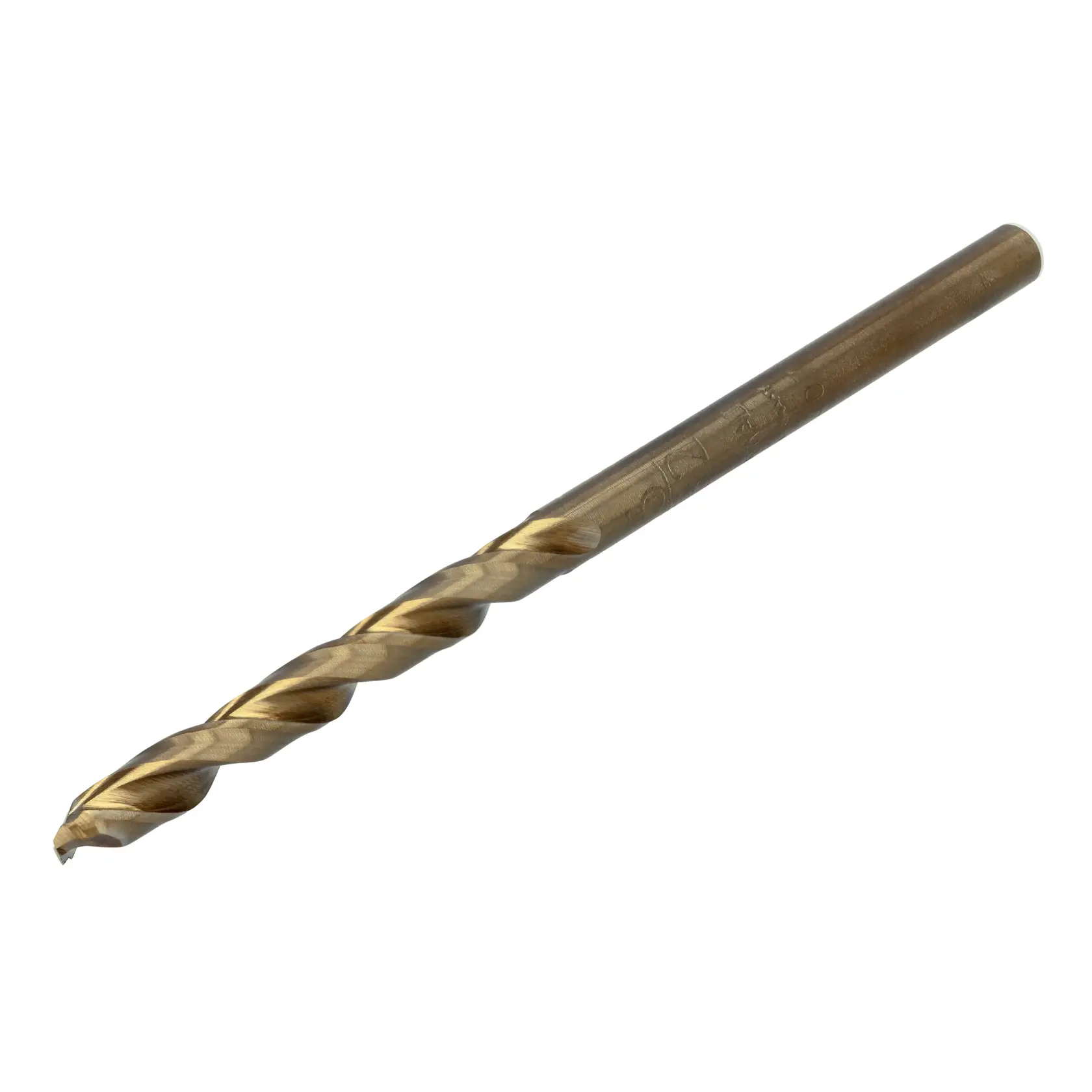 A close-up image of a single DEWALT metal drill bit, shown at an angle on a white background.