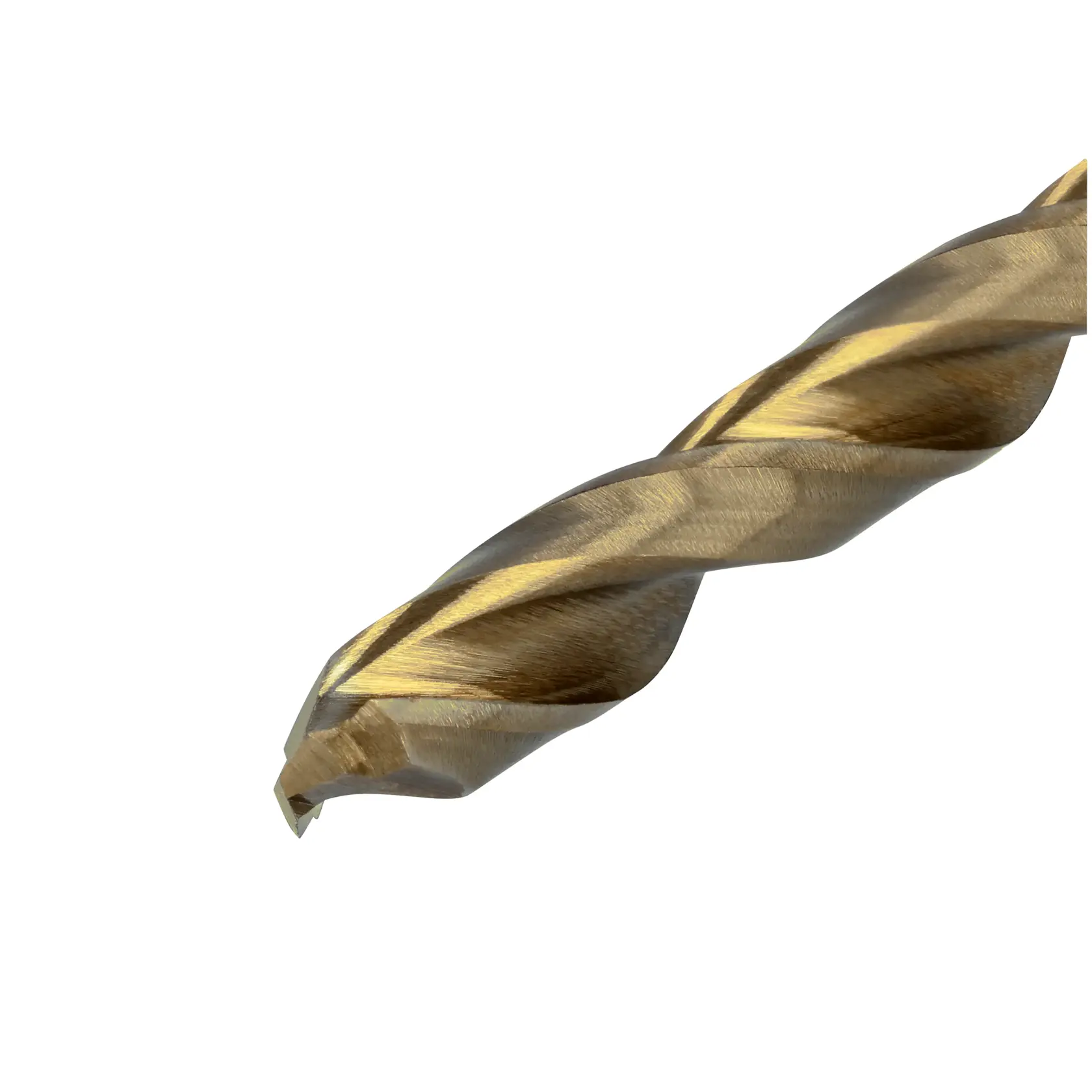 Close-up view of the tip of a gold-colored DEWALT drill bit with a spiral design, shown against a white background.