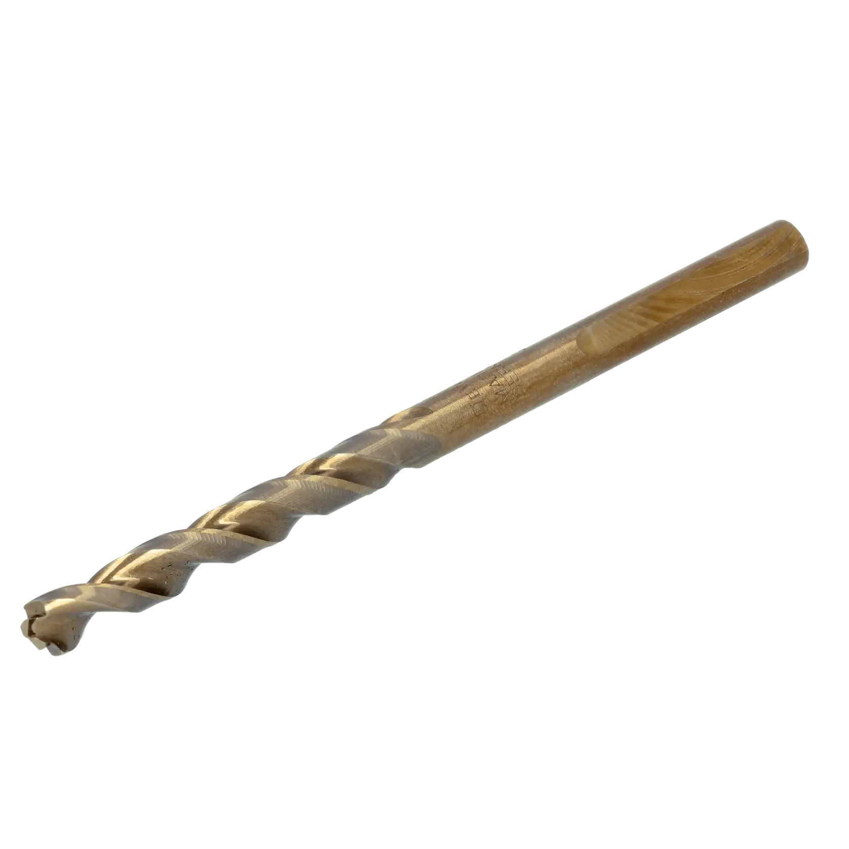 A close-up image of a single metallic drill bit with a twisted shaft, designed for drilling into materials.