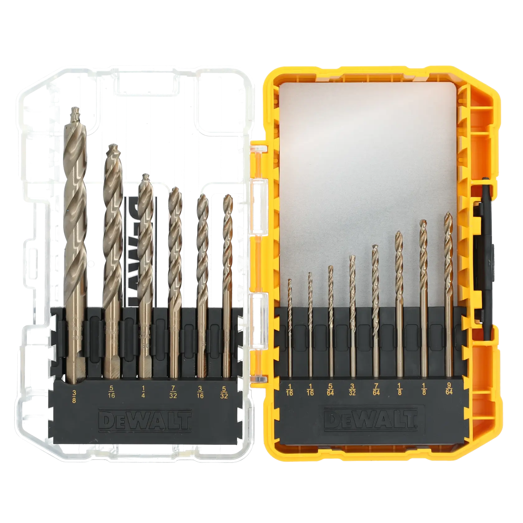 A DEWALT drill bit set with multiple drill bits of various sizes organized in a yellow and transparent hard plastic case. The case is open to display all bits.