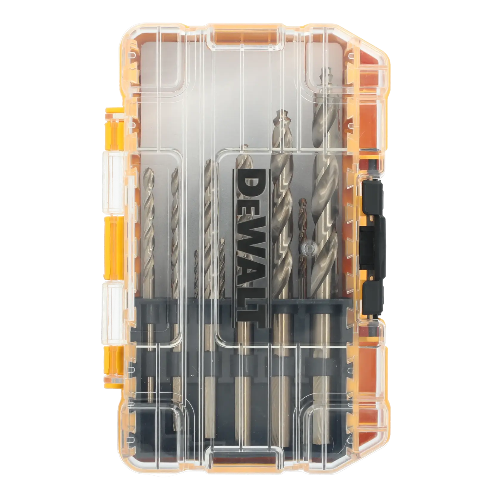 A clear plastic case containing a set of metal drill bits, with the DEWALT logo visible through the cover.