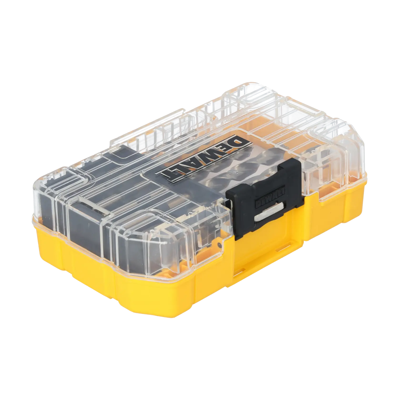 A yellow and transparent plastic storage case with a black latch, branded with the DEWALT logo on the lid.