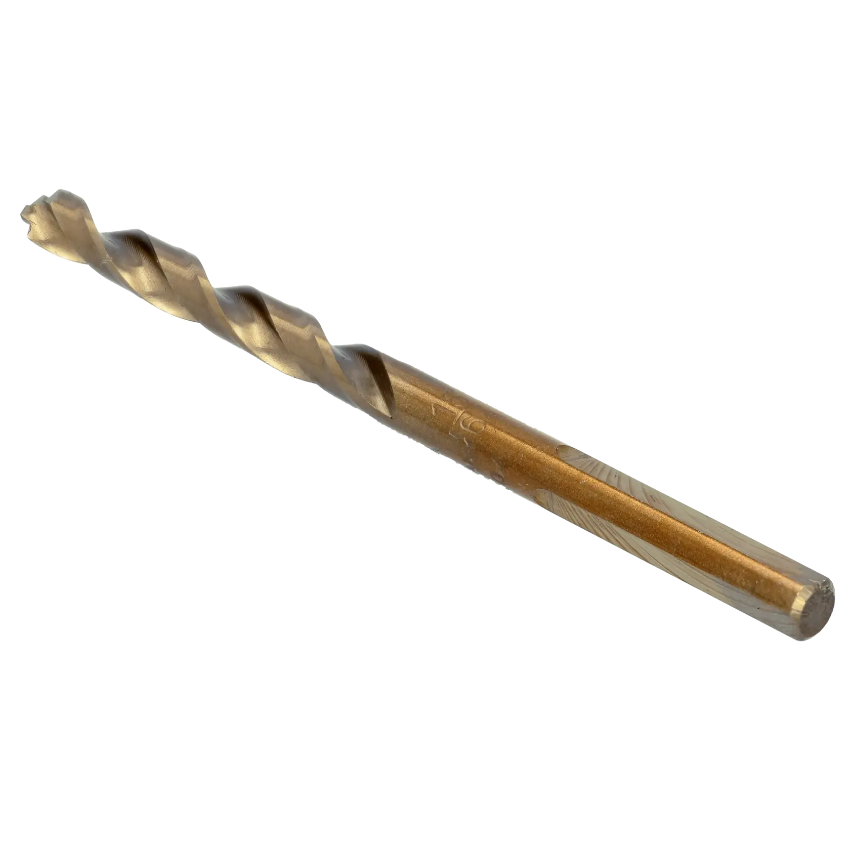 A close-up image of a gold-colored DEWALT drill bit with a twisted design, commonly used for drilling into various materials.