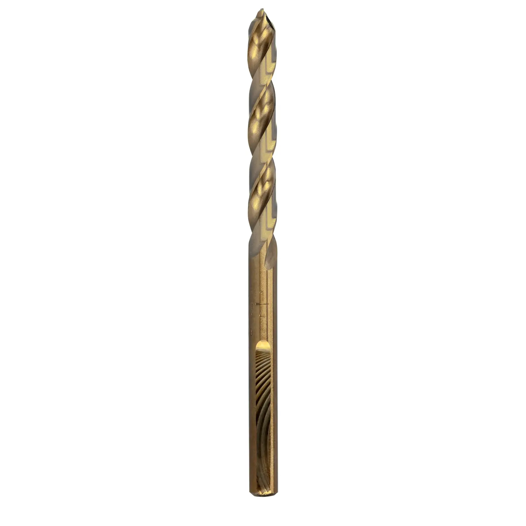 A DEWALT gold-colored metal drill bit with spiral flutes, shown upright against a white background.