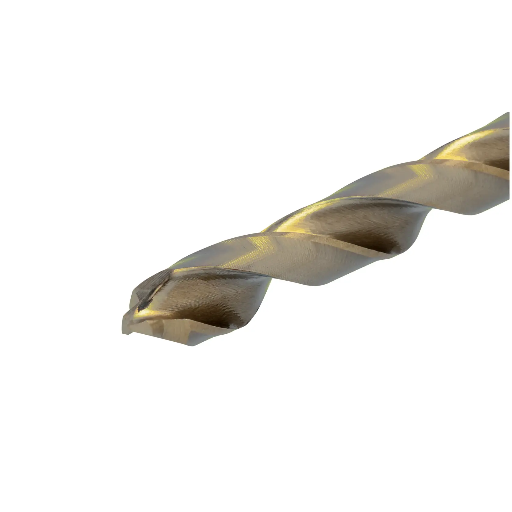 Close-up view of a DEWALT metal drill bit with spiral flutes on a white background.