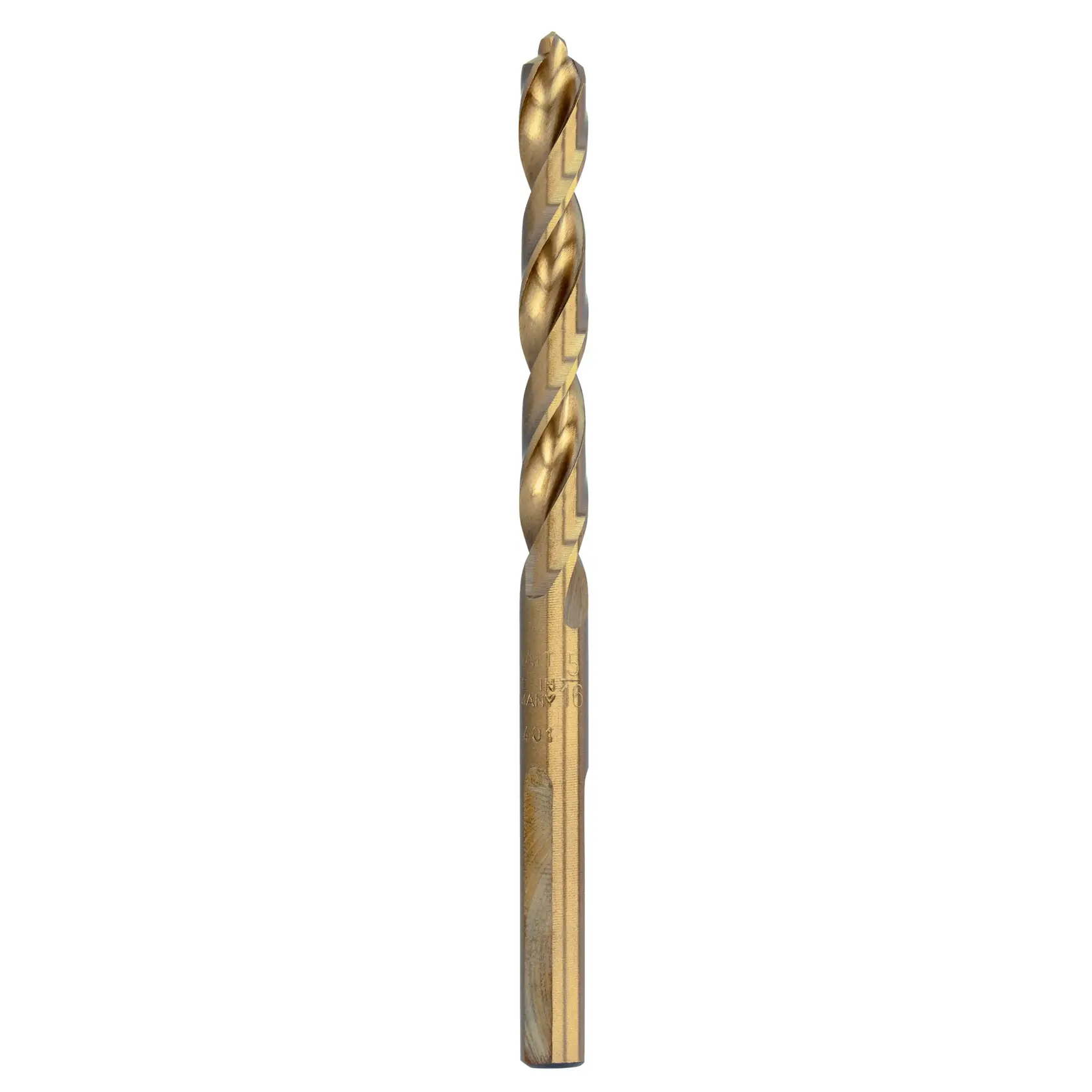 A single titanium coated drill bit with a spiral flute, shown upright against a white background.