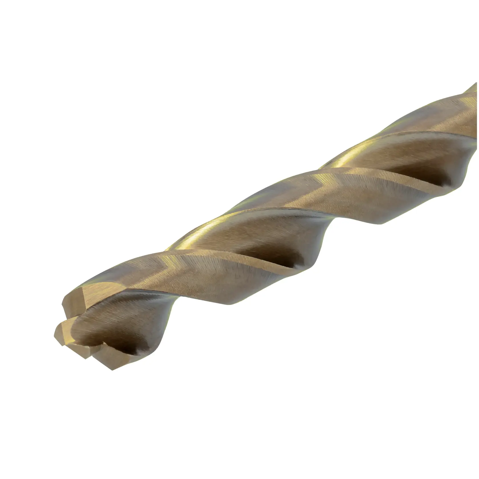 Close-up image of a DEWALT metal drill bit with a gold finish, showing the sharp twisted cutting edges.