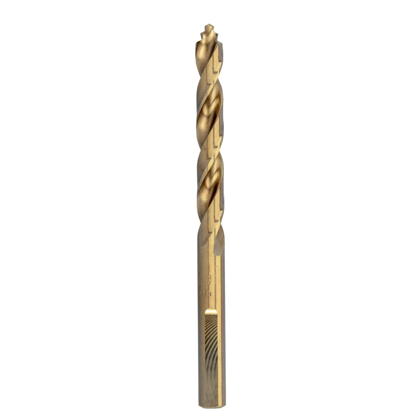 A single gold-colored DEWALT twist drill bit with a titanium finish, shown vertically on a white background.