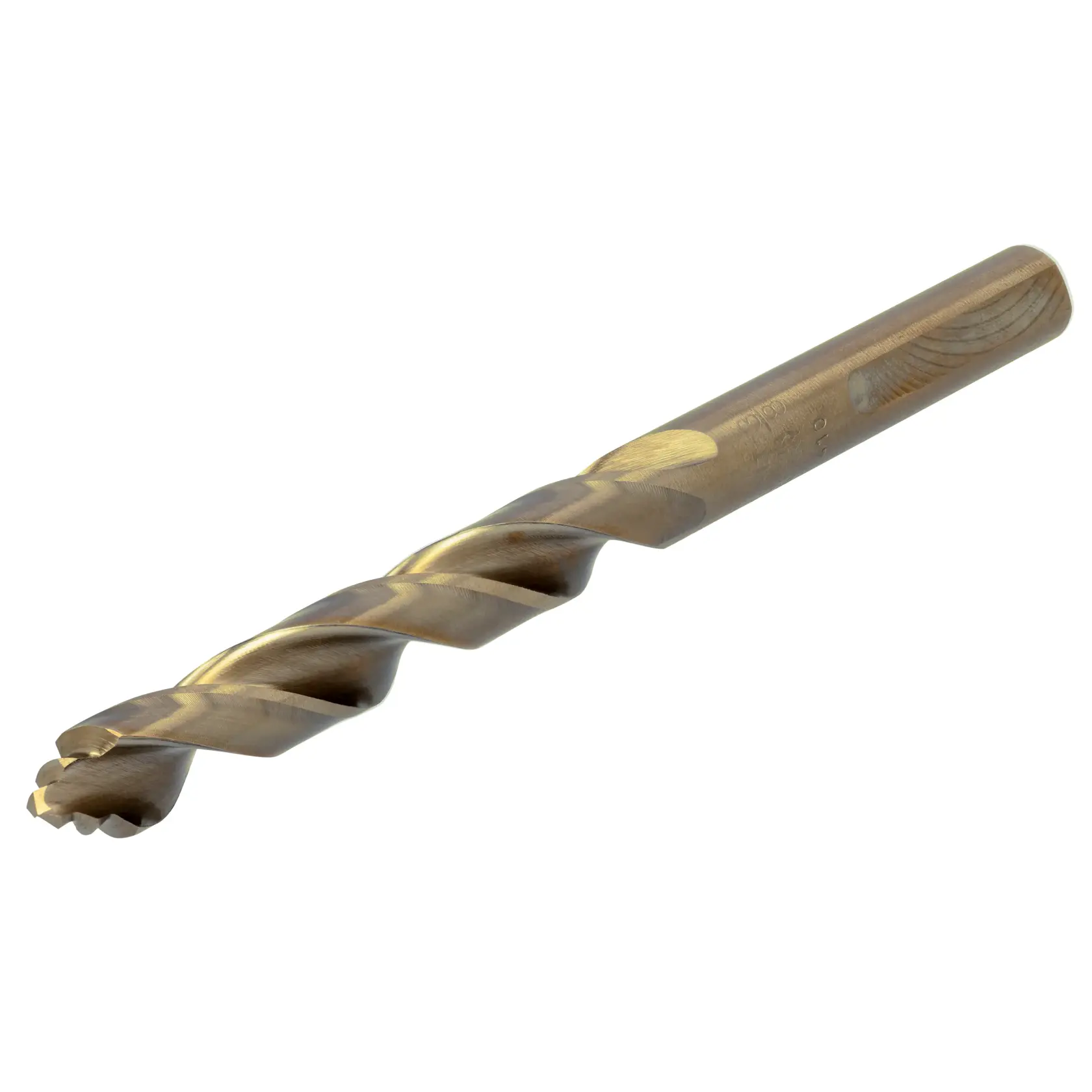 A single gold-colored DEWALT drill bit with a spiral flute design and a jagged, multi-cutter tip, shown on a white background.