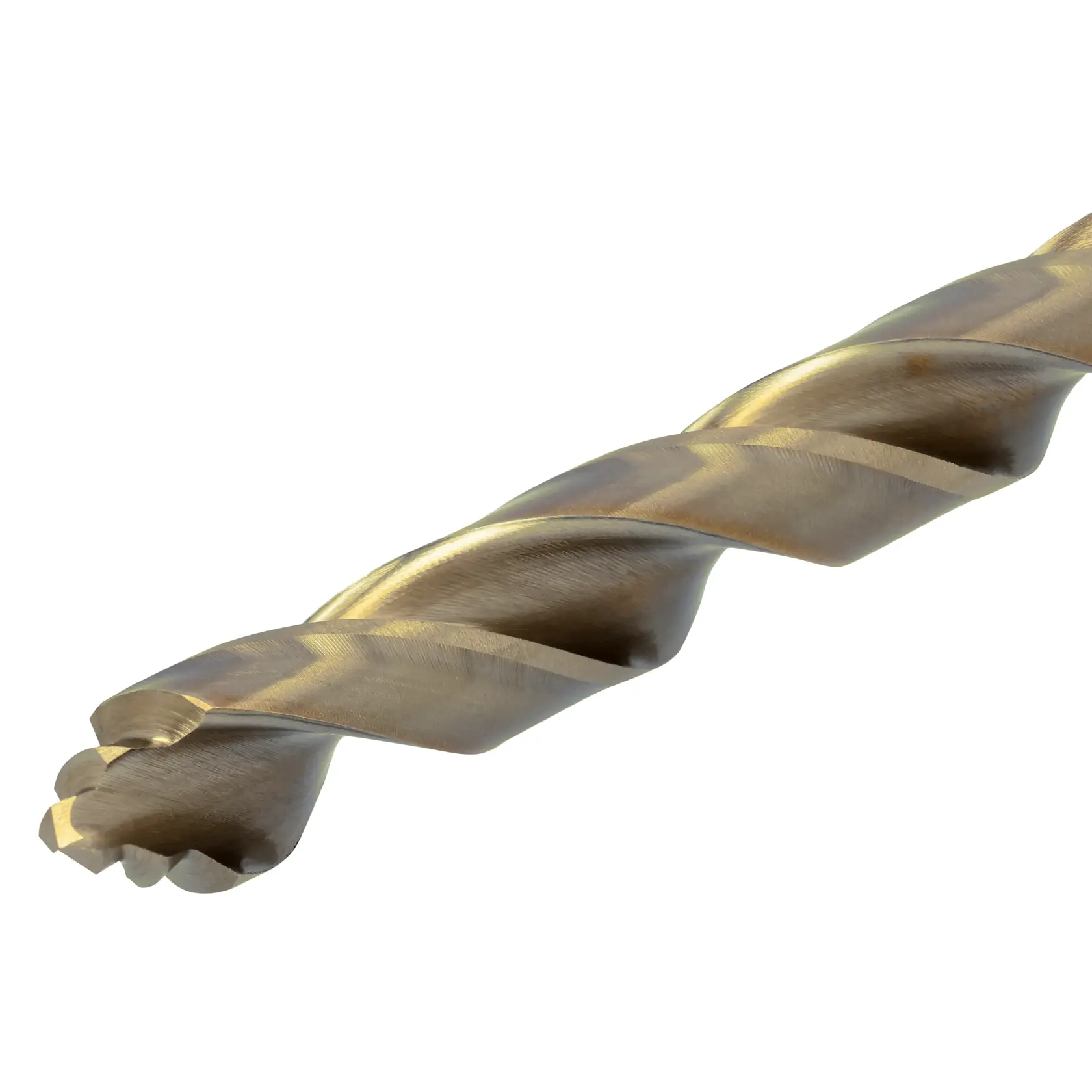 Close-up image of a metallic drill bit with a spiral flute design, suitable for use with power tools.