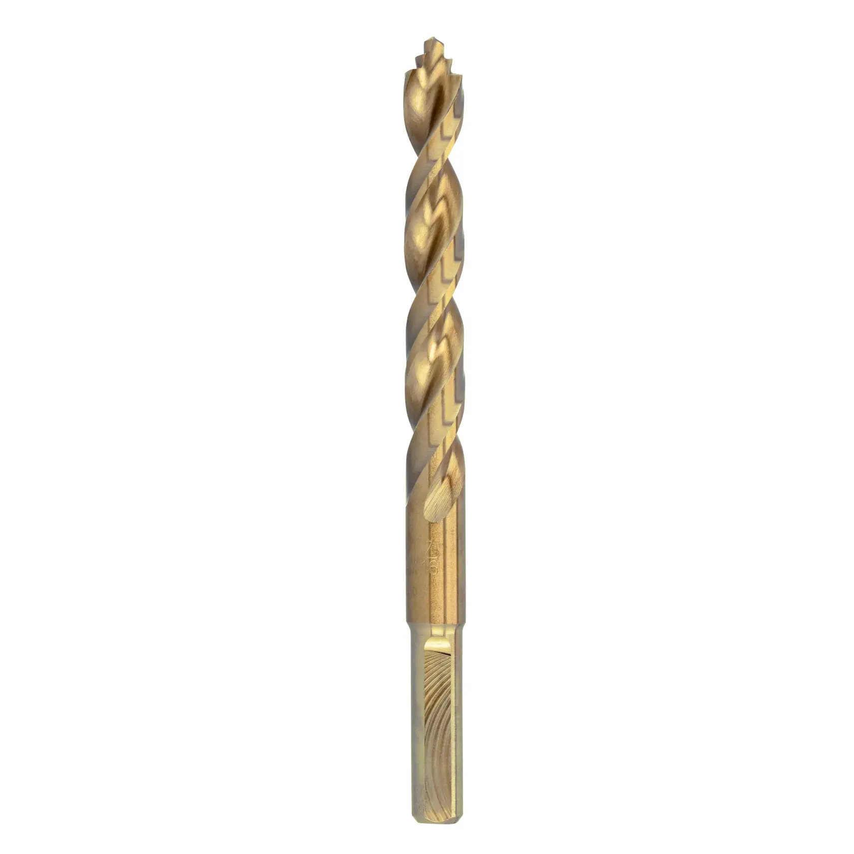 A gold-colored DEWALT drill bit with a twisted design, photographed on a white background.