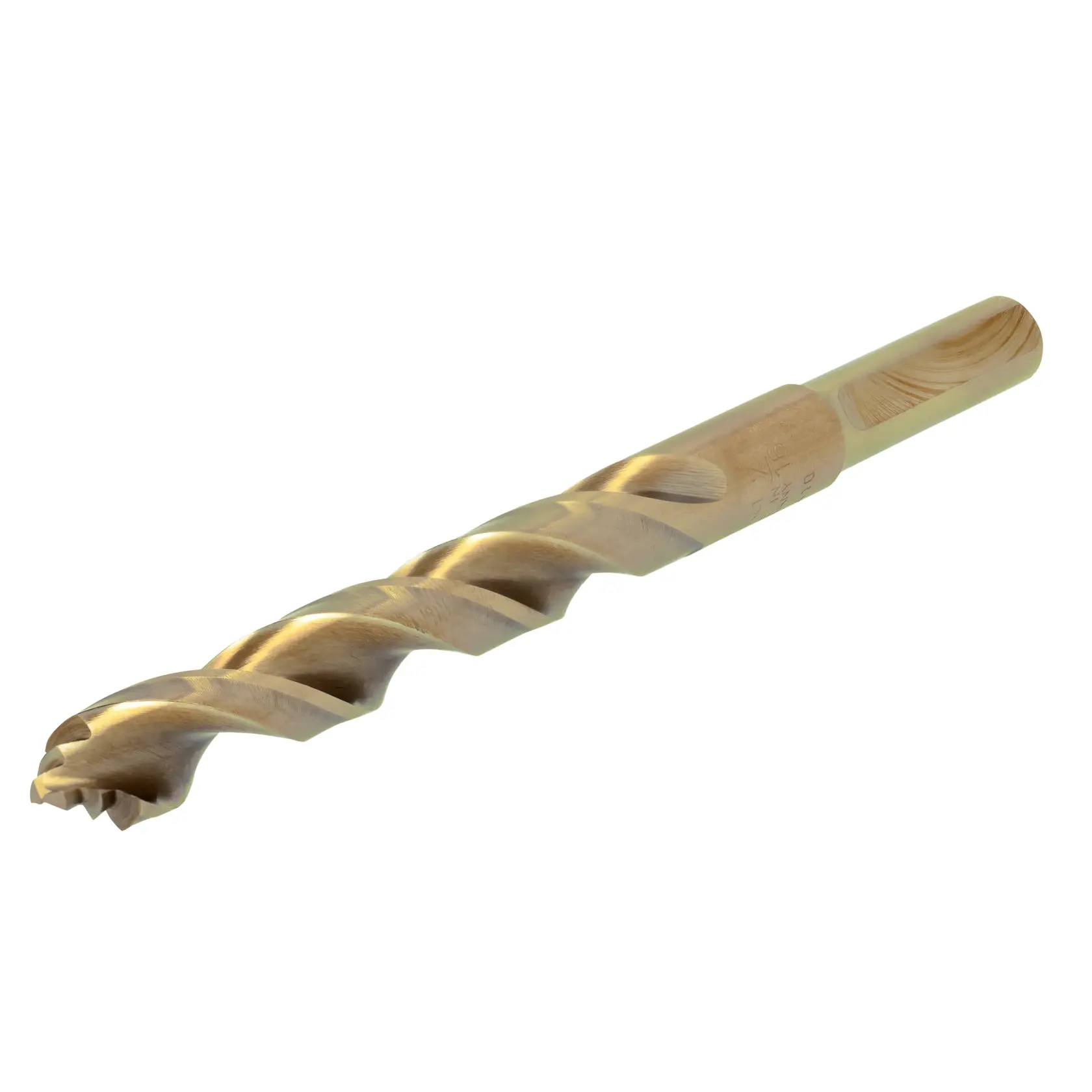 A close-up image of a DEWALT auger drill bit with a spiral design and pointed tip, designed for drilling into wood.